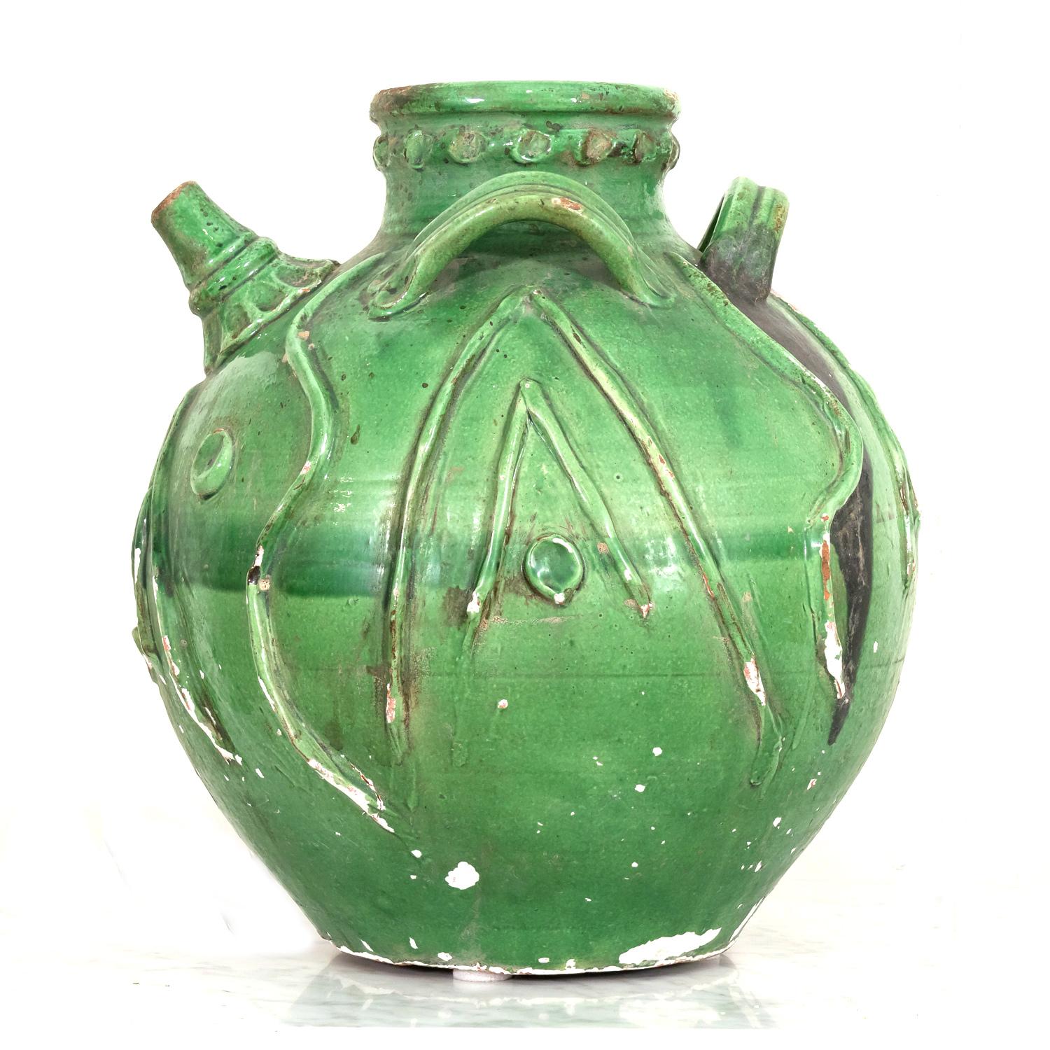 Exceptional Early 19th Century French Glazed Terracotta Walnut Oil Jug For Sale 7