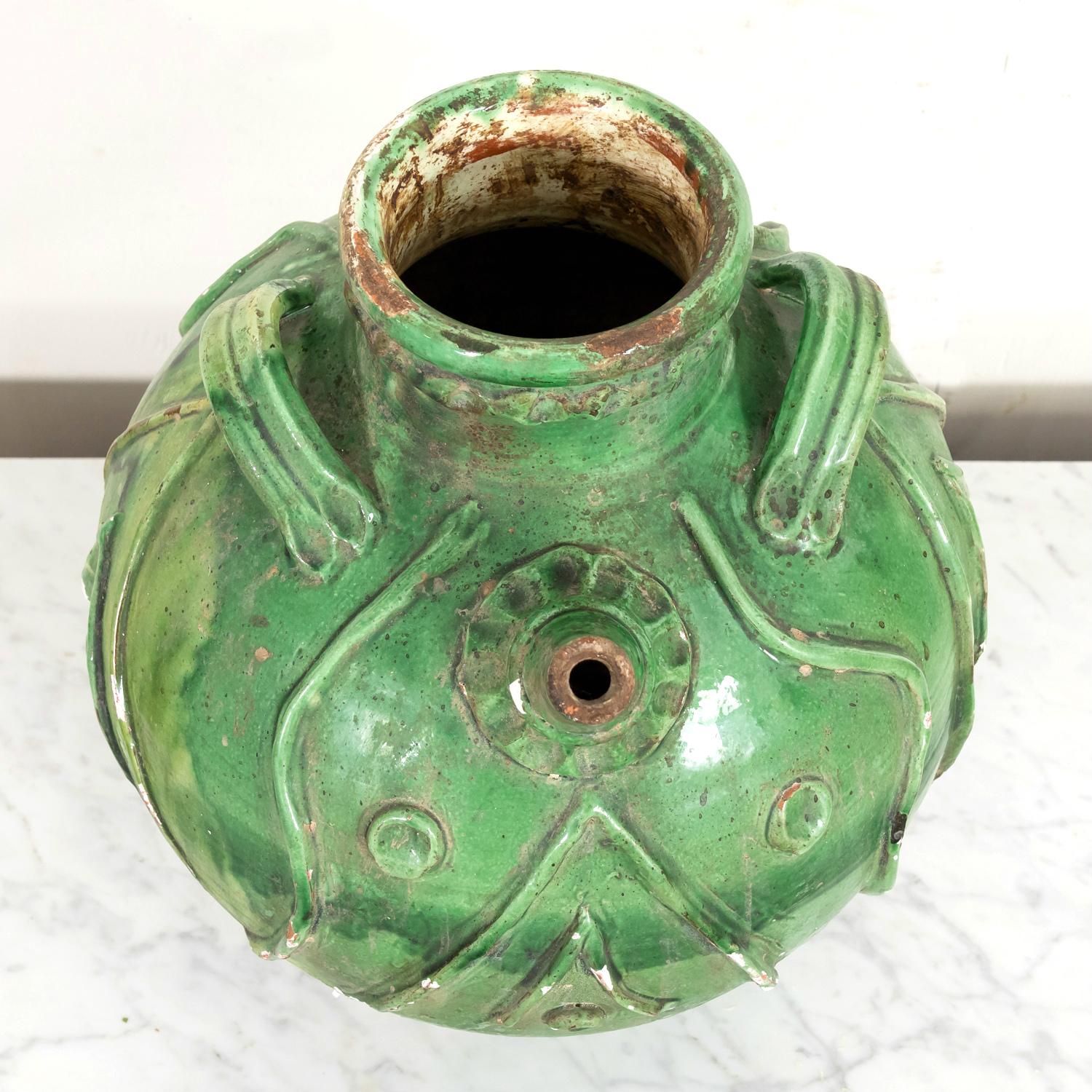 Exceptional Early 19th Century French Glazed Terracotta Walnut Oil Jug For Sale 8