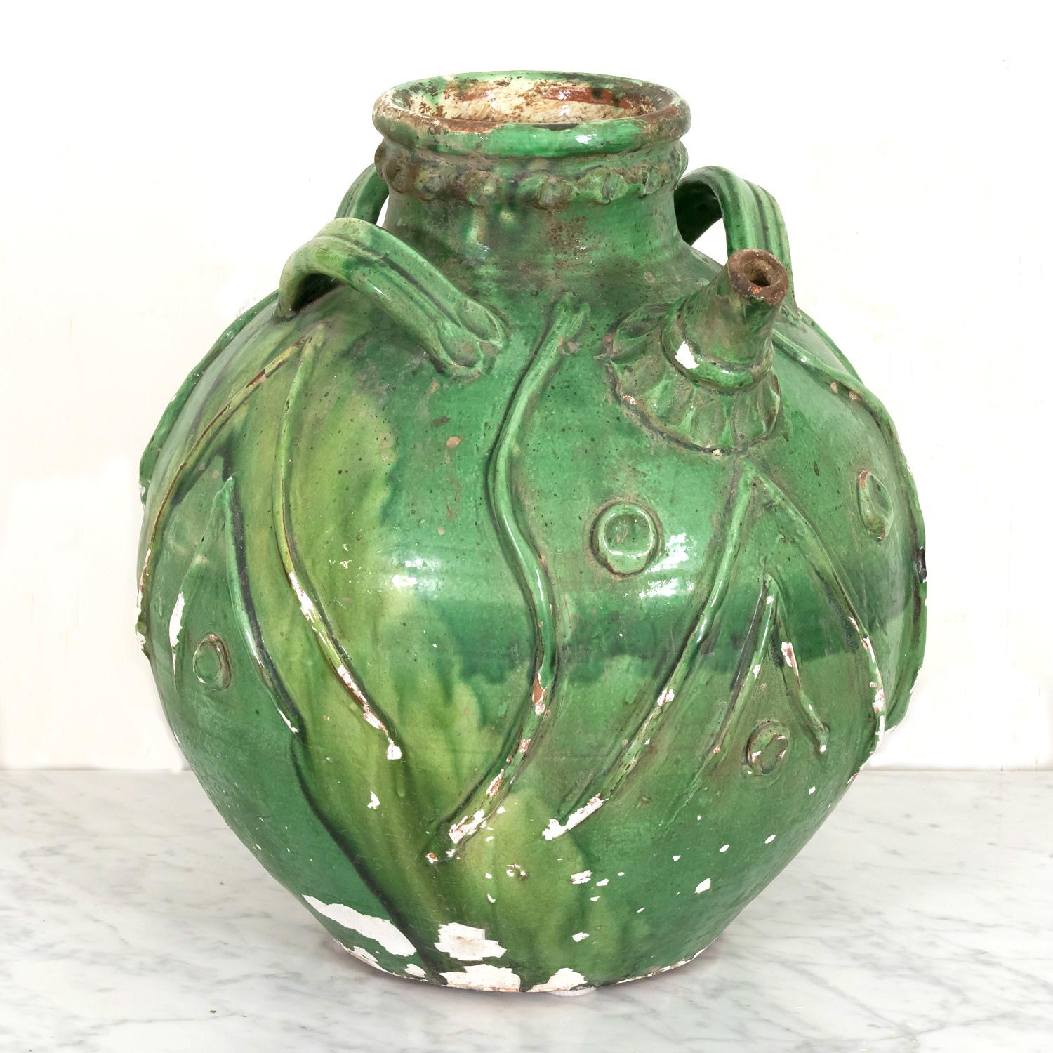 Earthenware Exceptional Early 19th Century French Glazed Terracotta Walnut Oil Jug For Sale