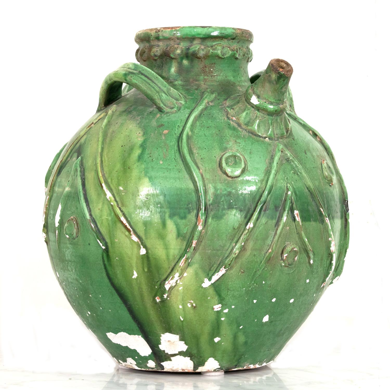 Exceptional Early 19th Century French Glazed Terracotta Walnut Oil Jug For Sale 1