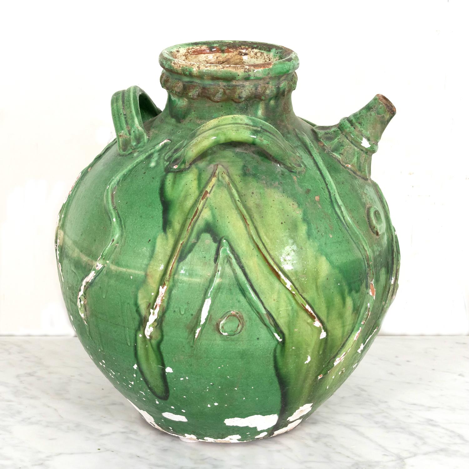 Exceptional Early 19th Century French Glazed Terracotta Walnut Oil Jug For Sale 2