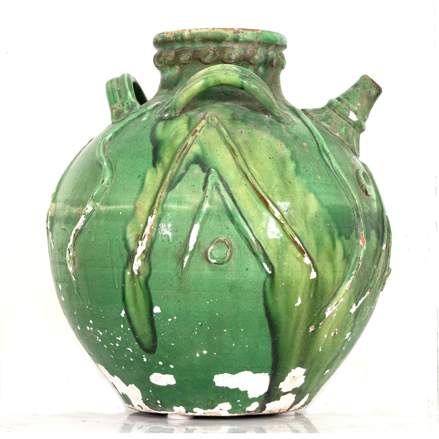 Exceptional Early 19th Century French Glazed Terracotta Walnut Oil Jug For Sale 3