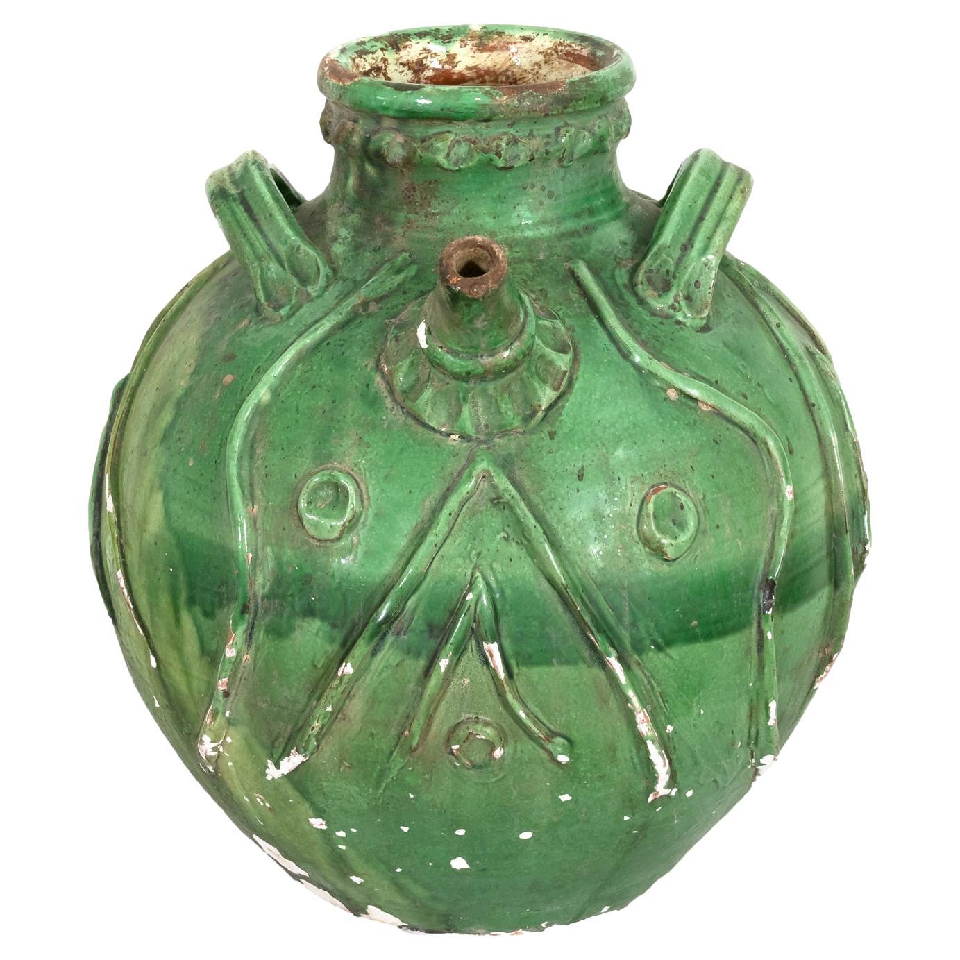 Exceptional Early 19th Century French Glazed Terracotta Walnut Oil Jug For Sale