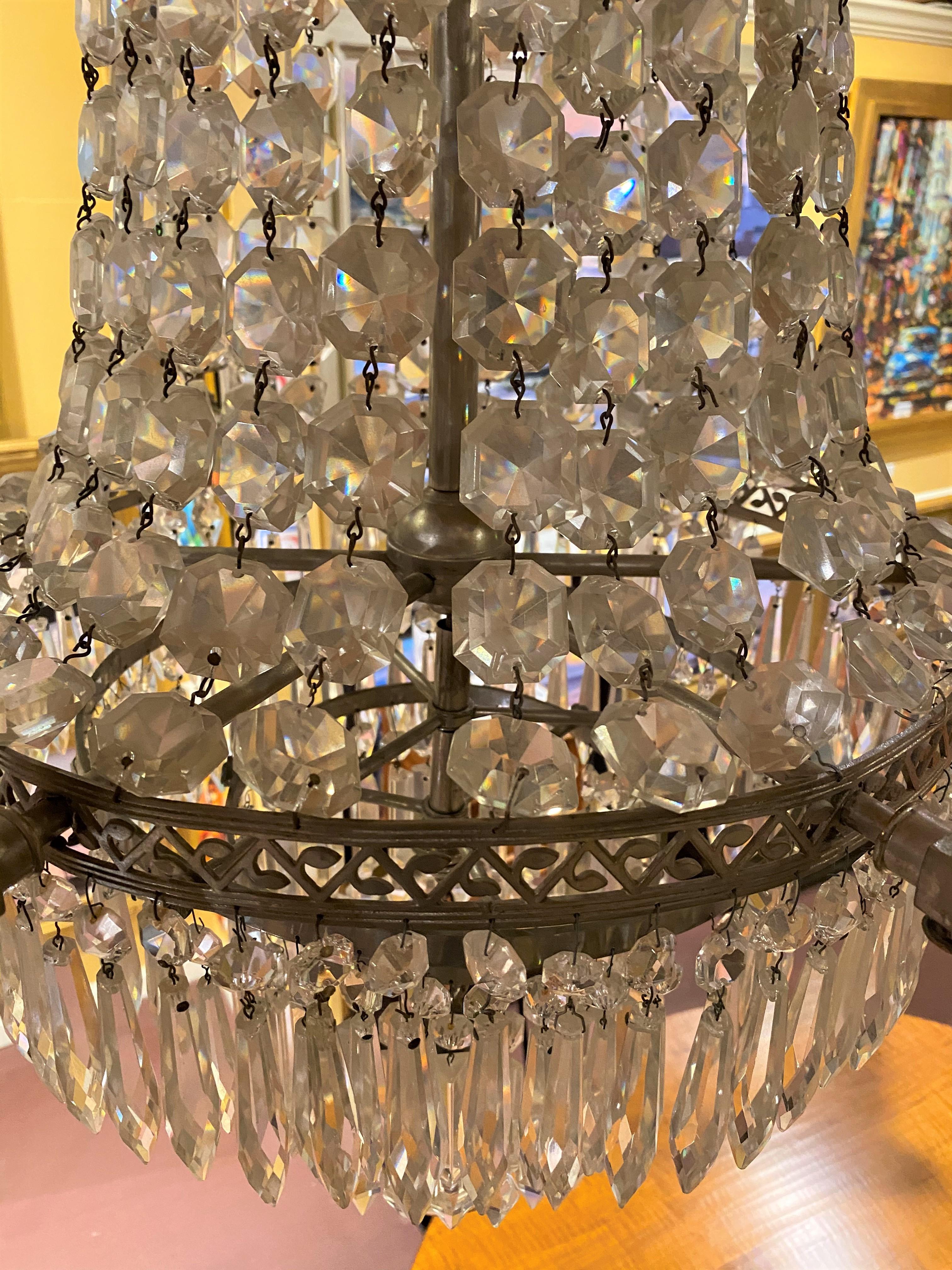 Exceptional Early 20th Century American Crystal Six Light Gasolier or Chandelier 8