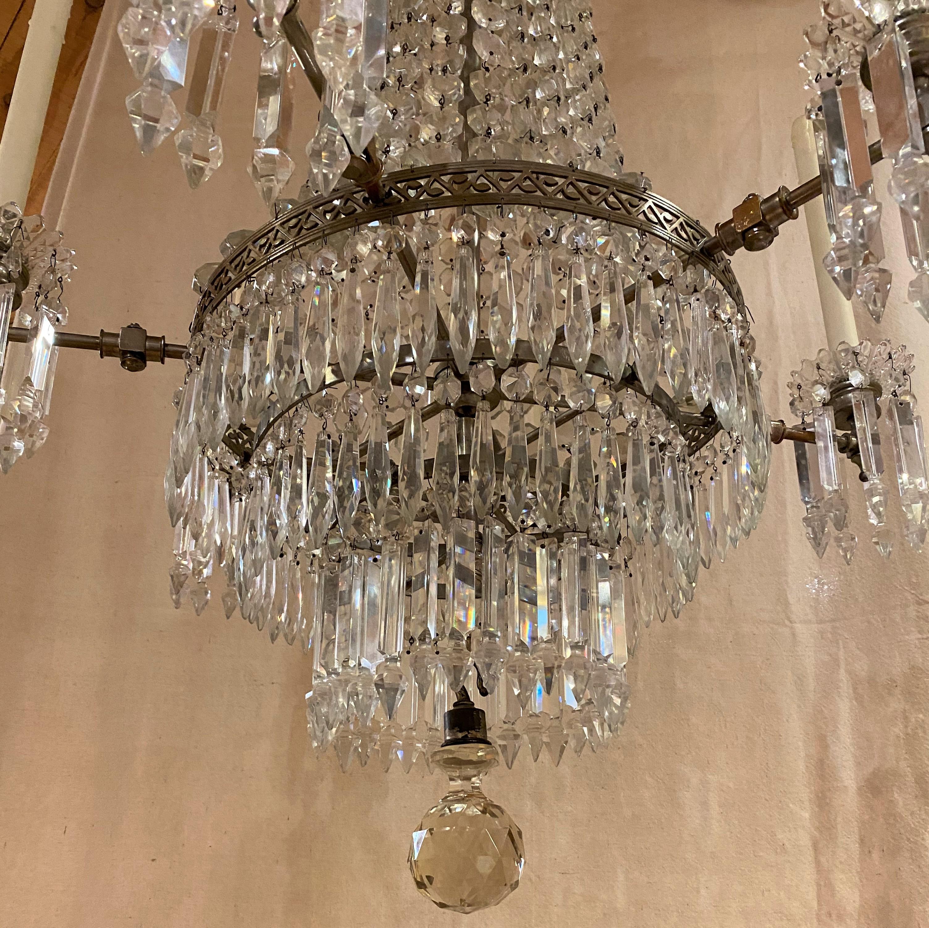 Cast Exceptional Early 20th Century American Crystal Six Light Gasolier or Chandelier