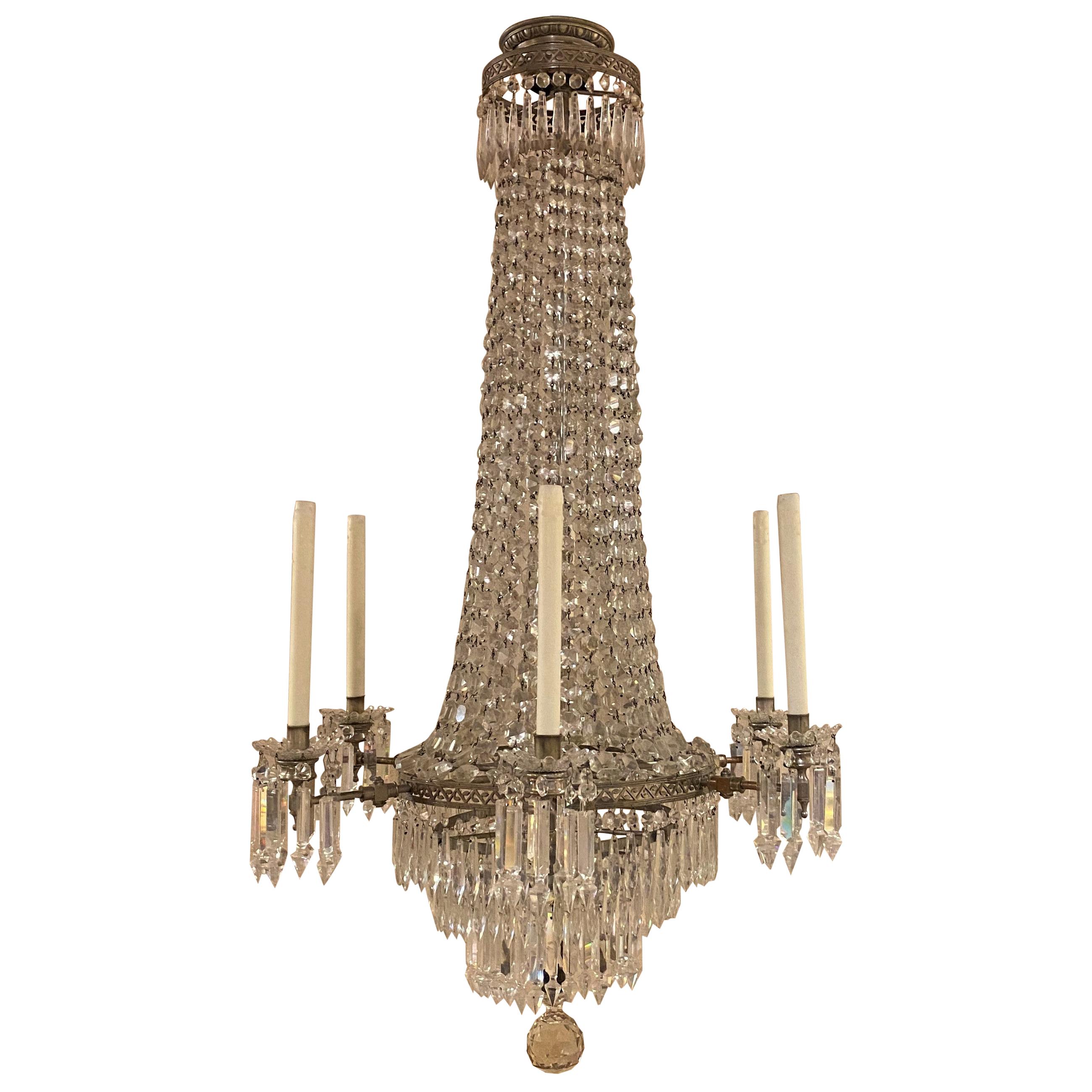 Exceptional Early 20th Century American Crystal Six Light Gasolier or Chandelier