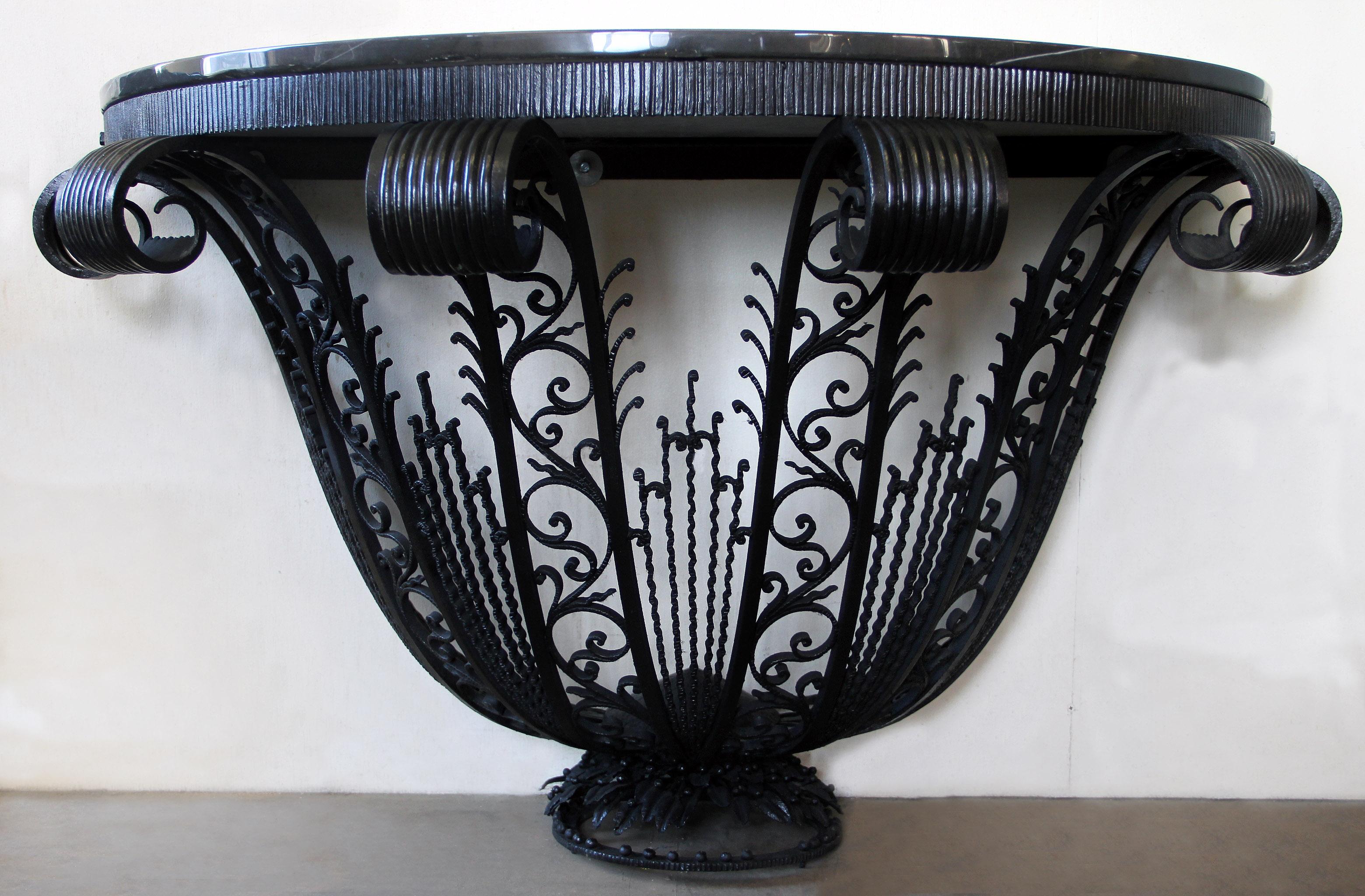 French Exceptional Early 20th Century Cast Wrought Marble-Top Art Deco Console For Sale