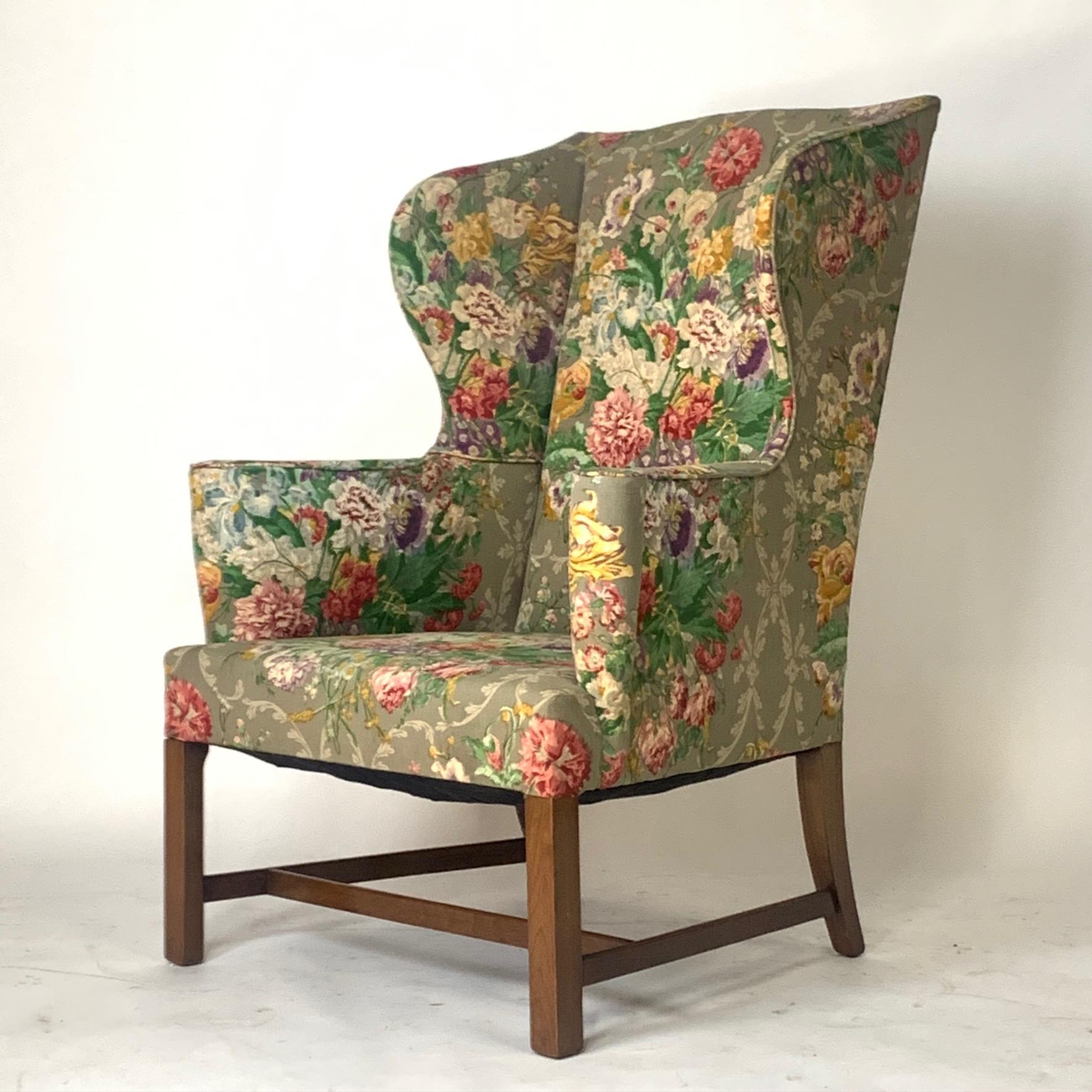 Exceptional Early American Wingback Chairs with Stunning Floral Upholstery 3