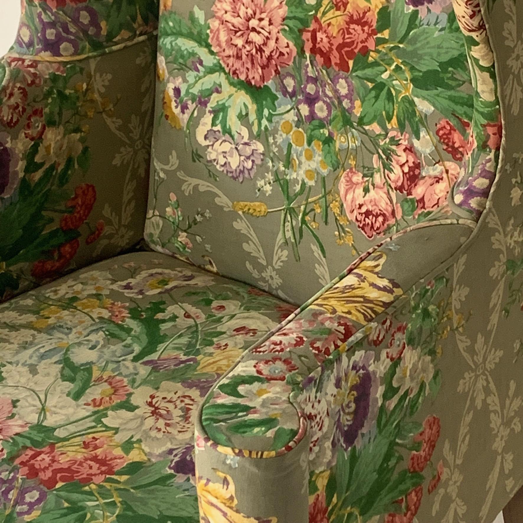 Chippendale Exceptional Early American Wingback Chairs with Stunning Floral Upholstery