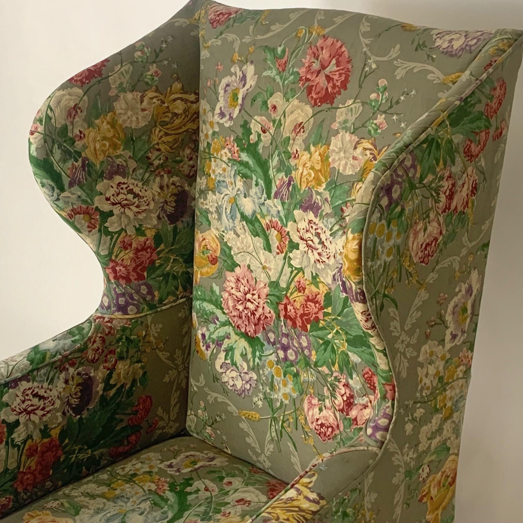 Exceptional Early American Wingback Chairs with Stunning Floral Upholstery In Good Condition In Hudson, NY