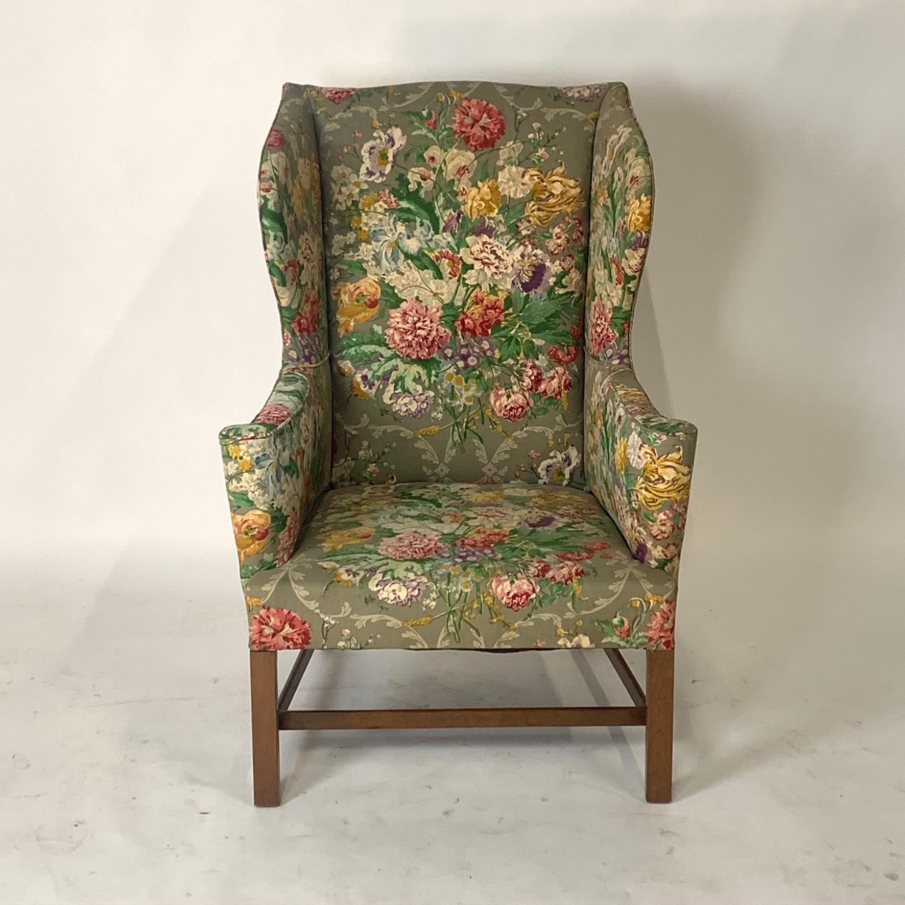 20th Century Exceptional Early American Wingback Chairs with Stunning Floral Upholstery