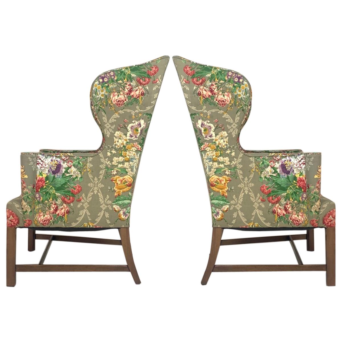 Exceptional Early American Wingback Chairs with Stunning Floral Upholstery