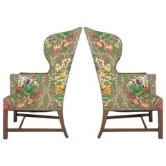 Antique Exceptional Early American Wingback Chairs with Stunning Floral Upholstery