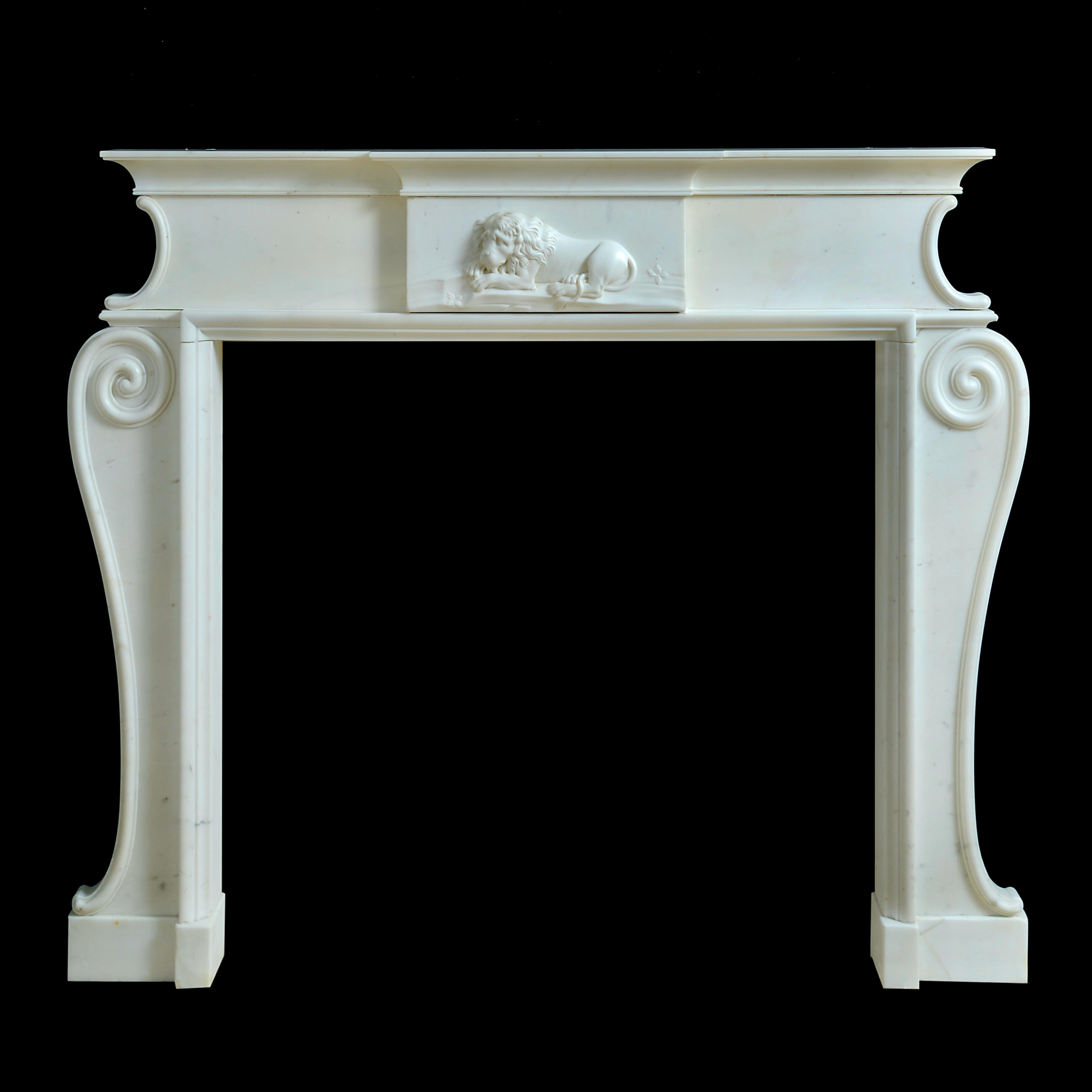AN EXCEPTIONAL EARLY NEO-CLASSICAL STATUARY MARBLE CHIMNEYPIECE, CIRCA 1760.

With moulded breakfront shelf, the tablet carved with a recumbent lion, on simple scrolled jambs.

Closely related chimneypiece at Foremark Hall, Derbyshire, circa 1761