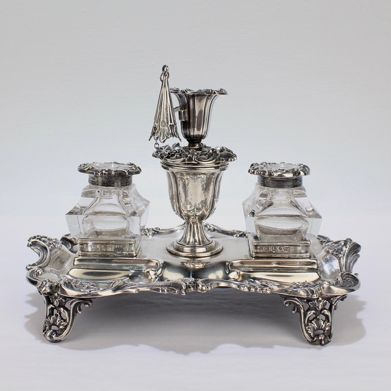 Women's or Men's Exceptional Early Victorian English Sterling Silver Inkstand by Henry Wilkinson For Sale