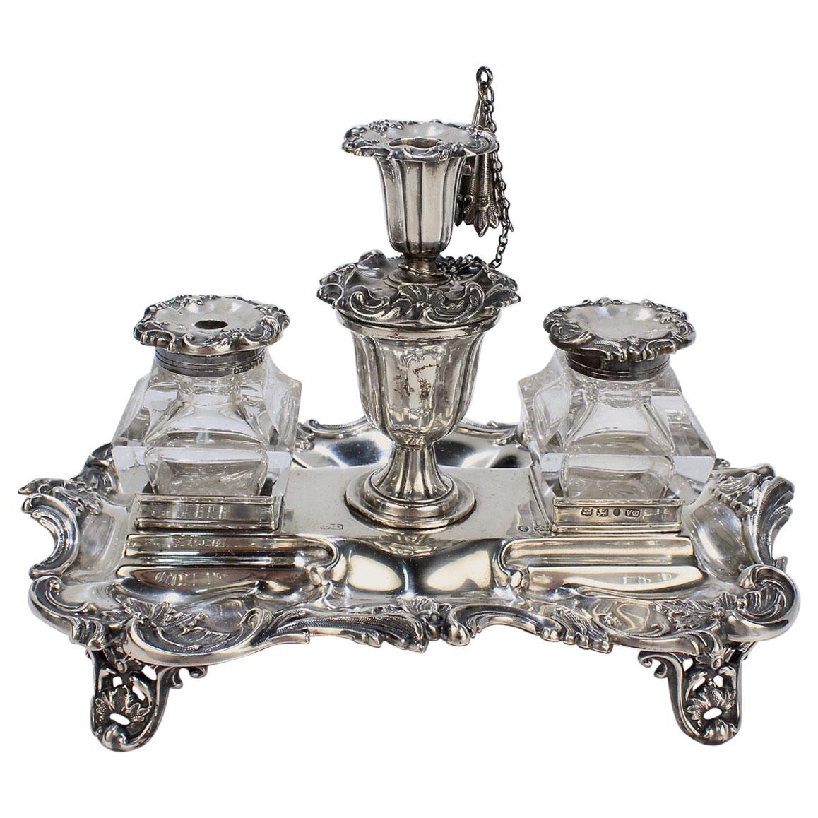 Exceptional Early Victorian English Sterling Silver Inkstand by Henry Wilkinson