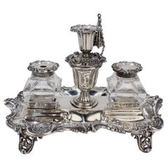 Antique Exceptional Early Victorian English Sterling Silver Inkstand by Henry Wilkinson