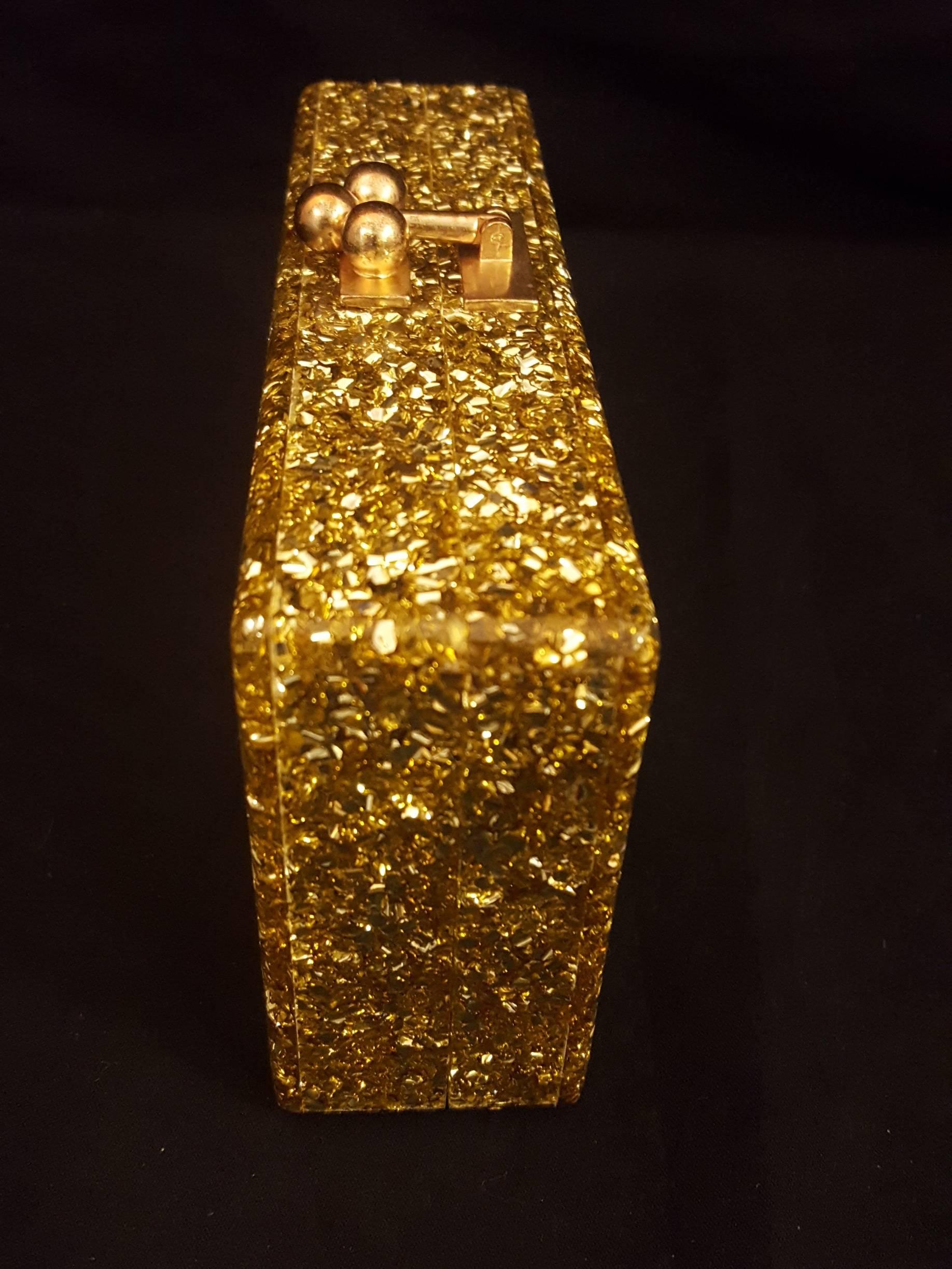 Exceptional Edie Parker Lara Confetti Metallic Gold Tone Clutch  In Excellent Condition In Palm Beach, FL