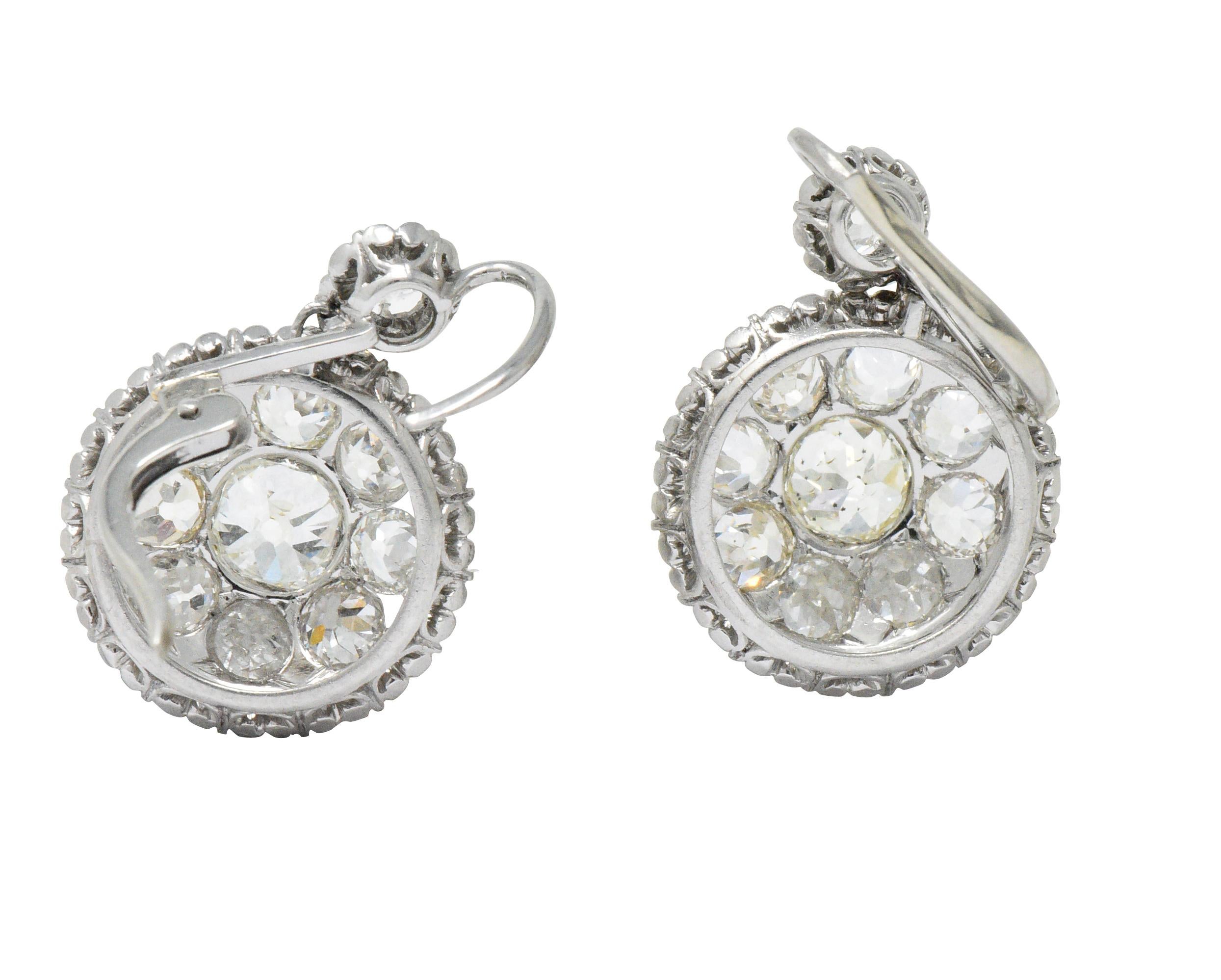 Exceptional Edwardian 4.09 Carat Old Mine Diamond Platinum Drop Earrings In Excellent Condition In Philadelphia, PA