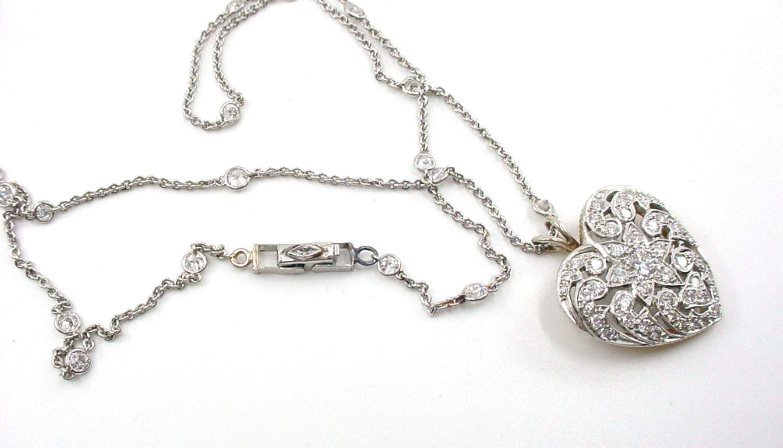 Exceptional Edwardian Platinum 1.95 OEC Heart and Diamond Station Chain Necklace In Good Condition For Sale In Santa Rosa, CA