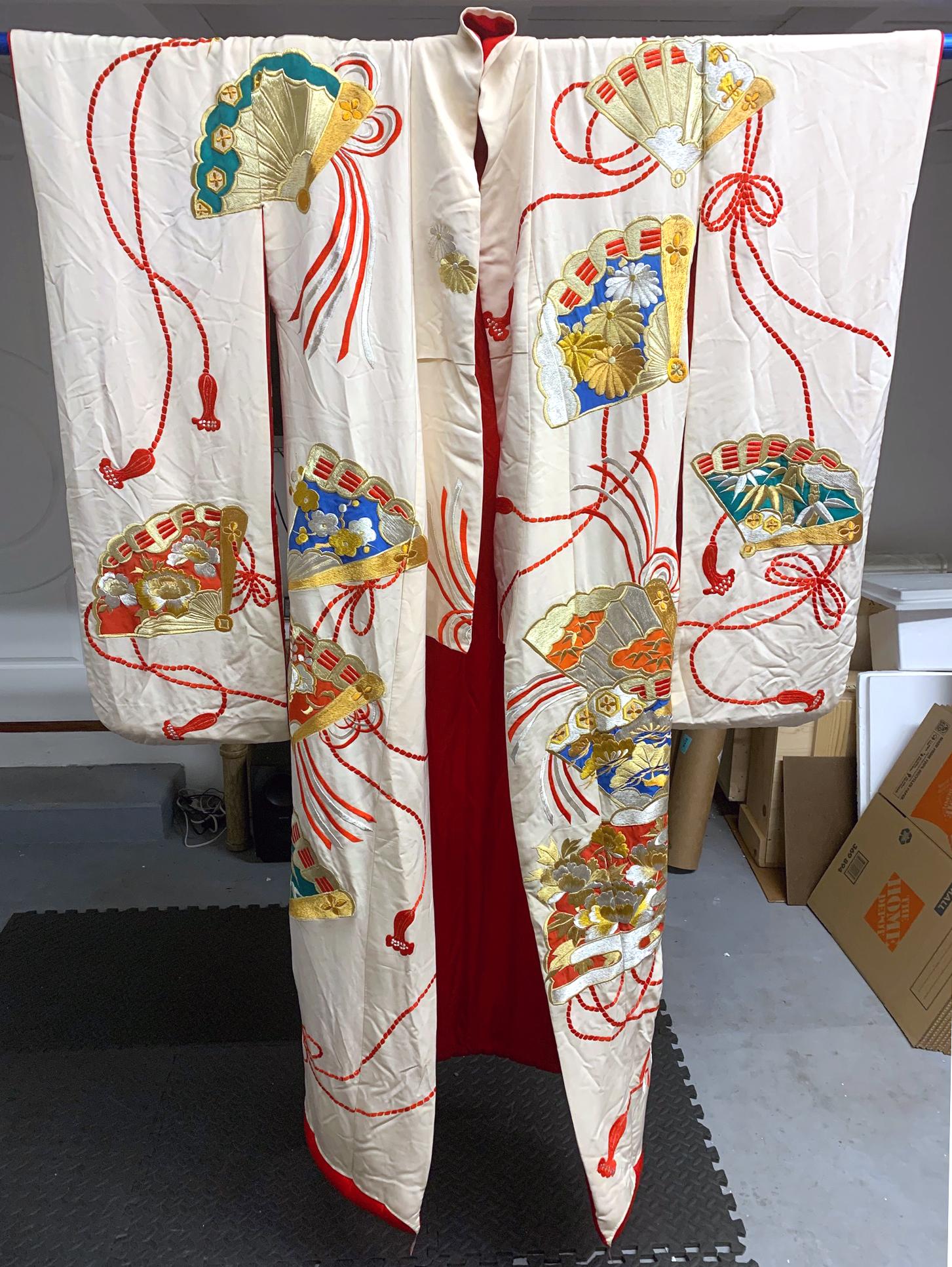 Cotton Exceptional Embroidered Vintage Japanese Ceremonial Kimono For Sale