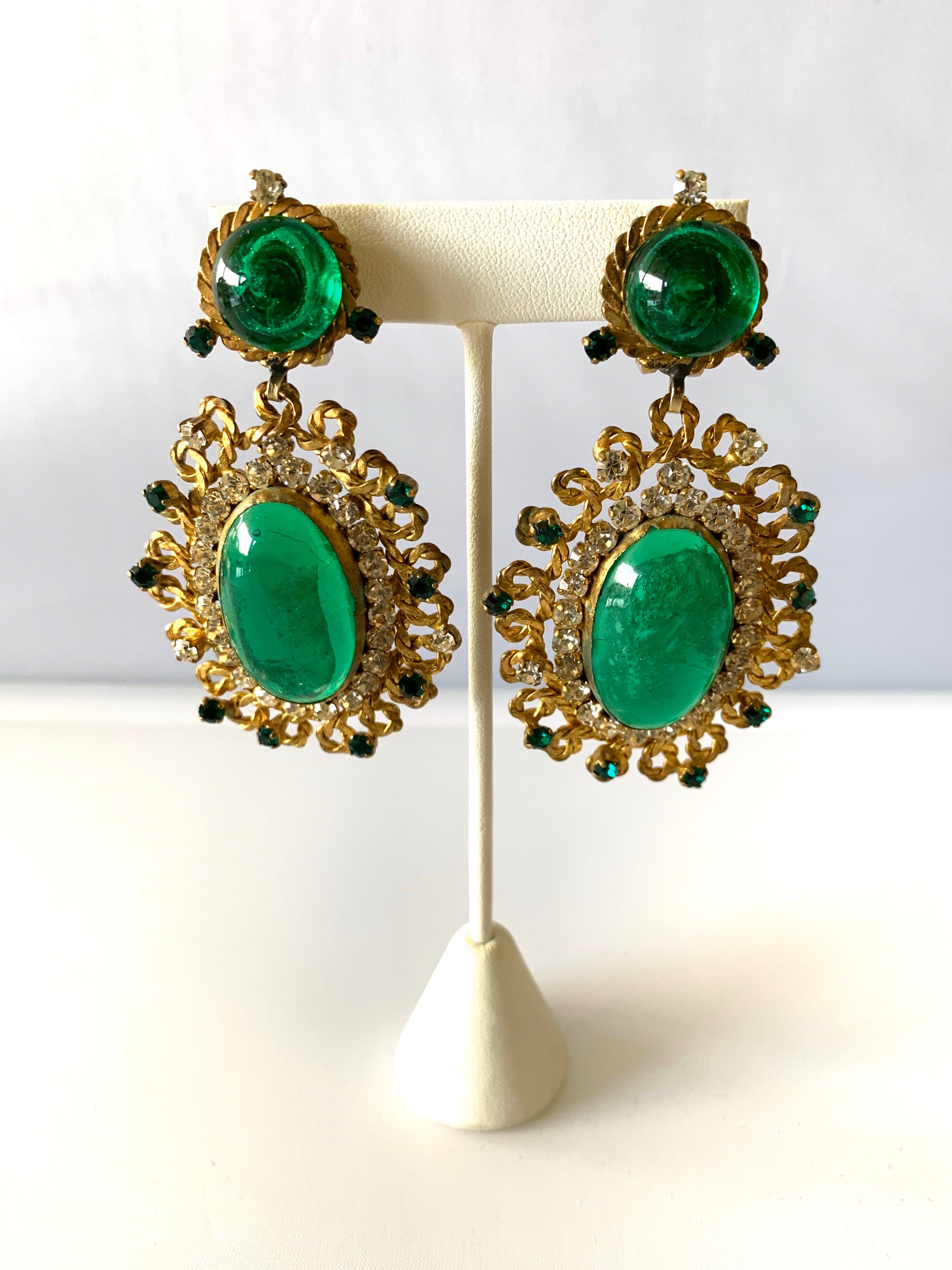 Baroque Exceptional Emerald and Diamante Statement Earrings by Maison Gripoix for Chanel