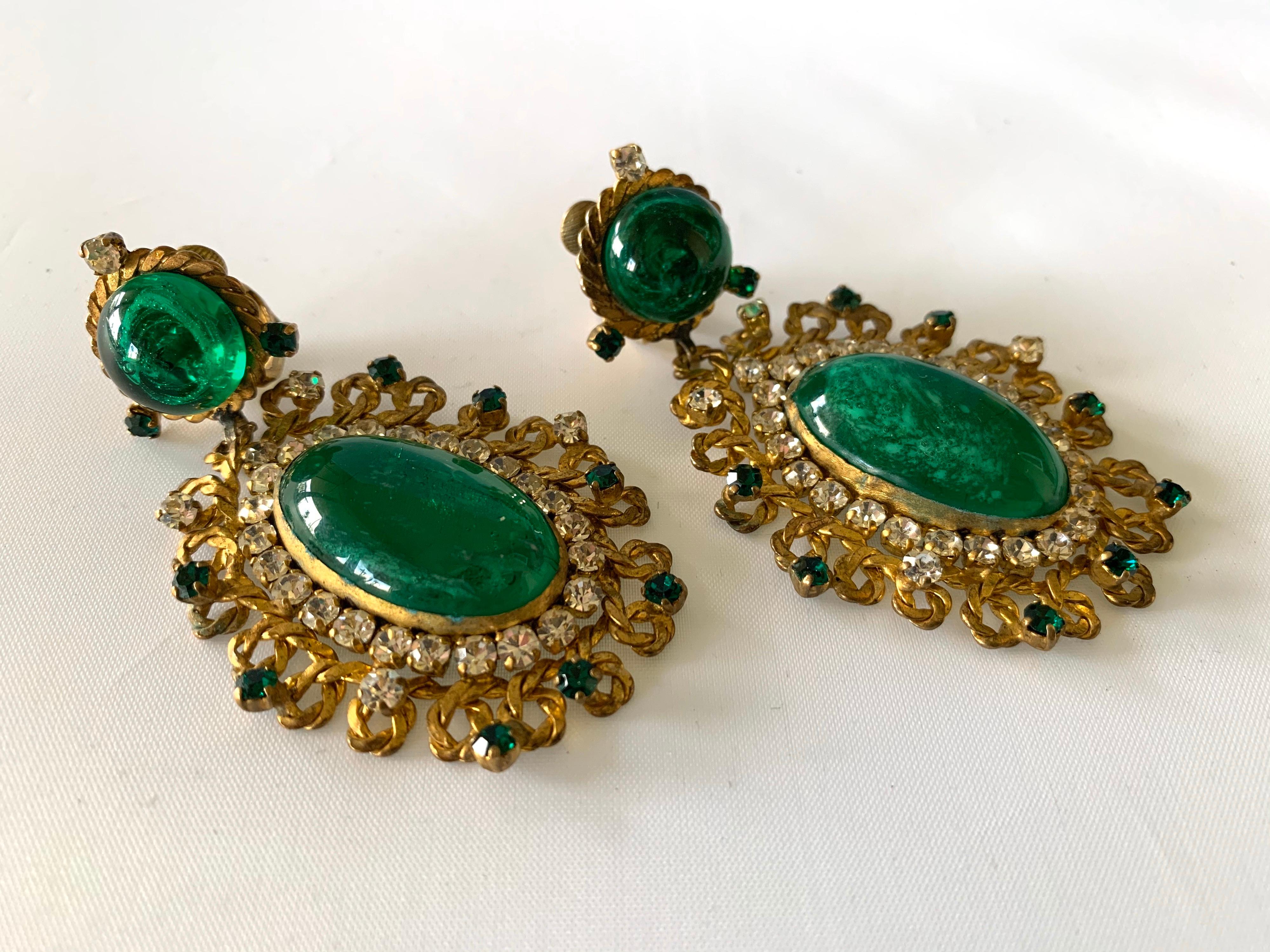 Exceptional Emerald and Diamante Statement Earrings by Maison Gripoix for Chanel In Excellent Condition In Palm Springs, CA
