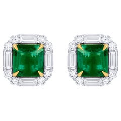 Außergewöhnliche Smaragd-Ohrstecker mit Diamant-Halo 7.9 Karat insgesamt 18K Gold