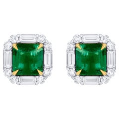 Exceptional Emerald Stud Earrings Diamond Halo 7.9 Carats Total 18K Gold