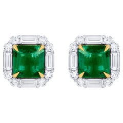 Exceptional Emerald Stud Earrings Diamond Halo 7.9 Carats Total 18K Gold