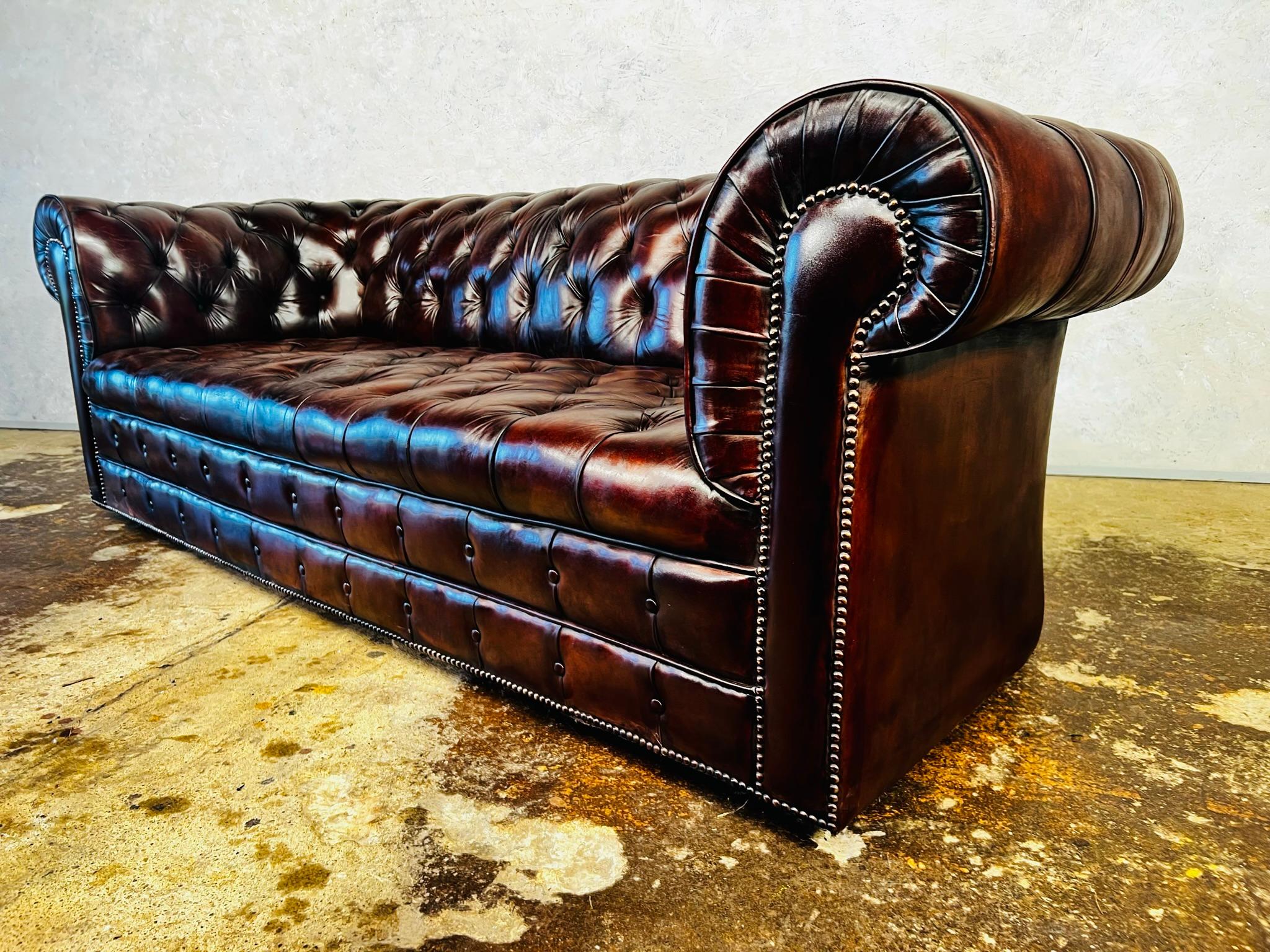 20th Century Exceptional English Fully Buttoned Patinated Leather Chesterfield Sofa #390 For Sale