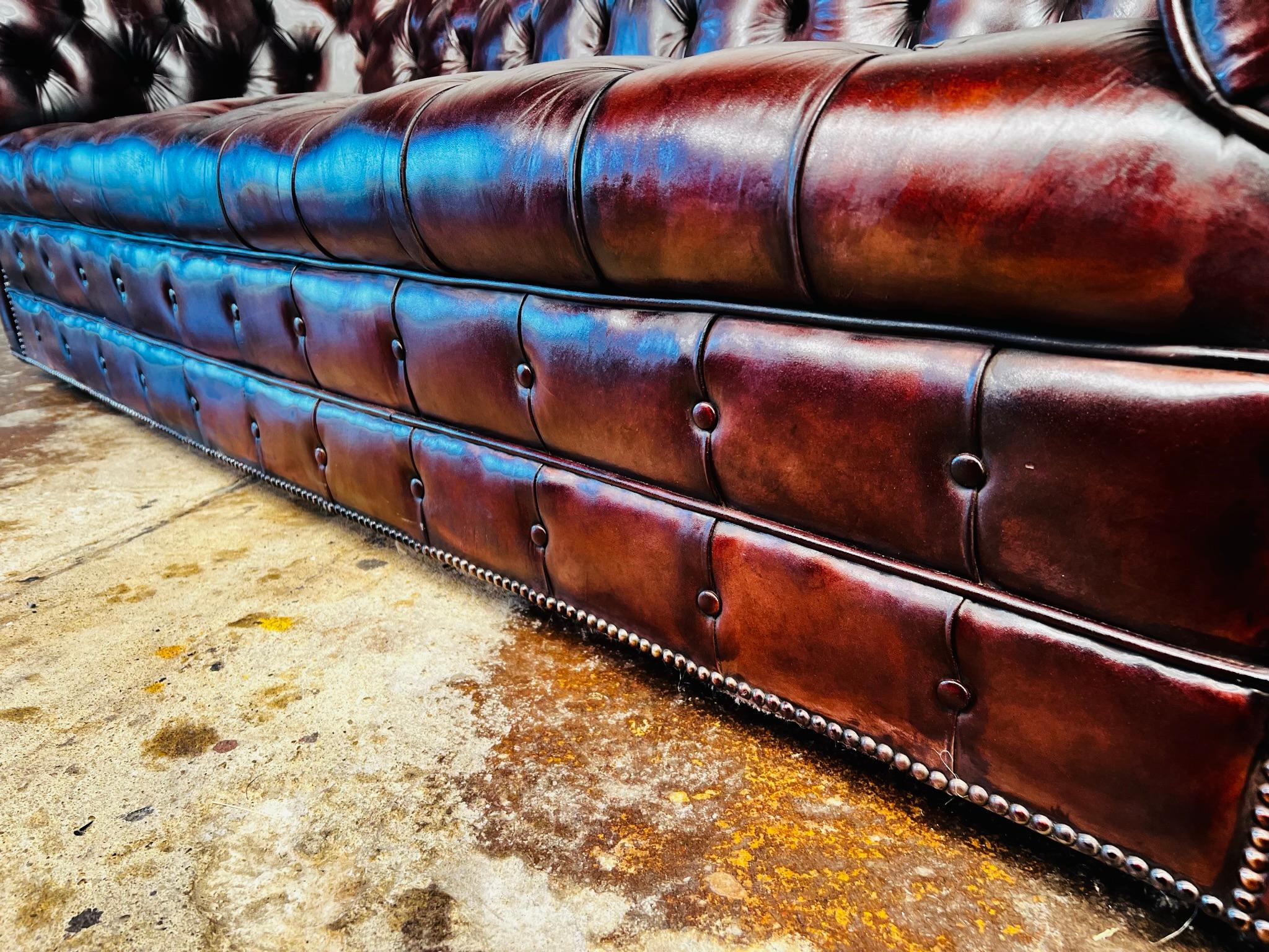 Exceptional English Fully Buttoned Patinated Leather Chesterfield Sofa #390 For Sale 1