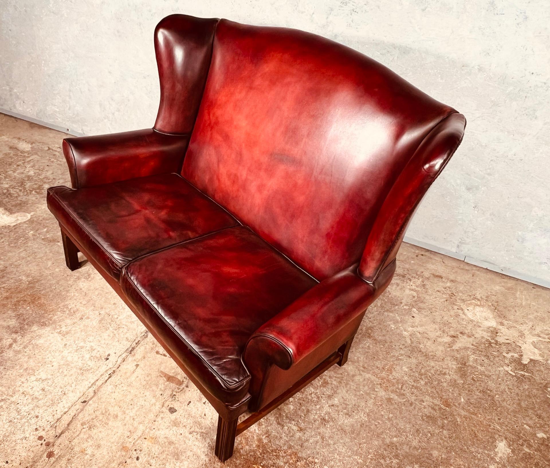 Exceptional English Georgian Country House Leather Wing Back 2 Seater Sofa For Sale 5
