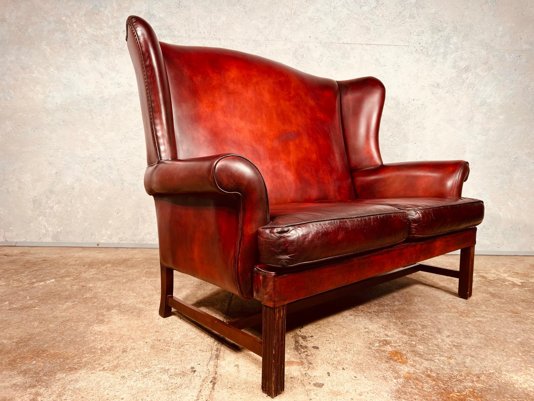 20th Century Exceptional English Georgian Country House Leather Wing Back 2 Seater Sofa For Sale