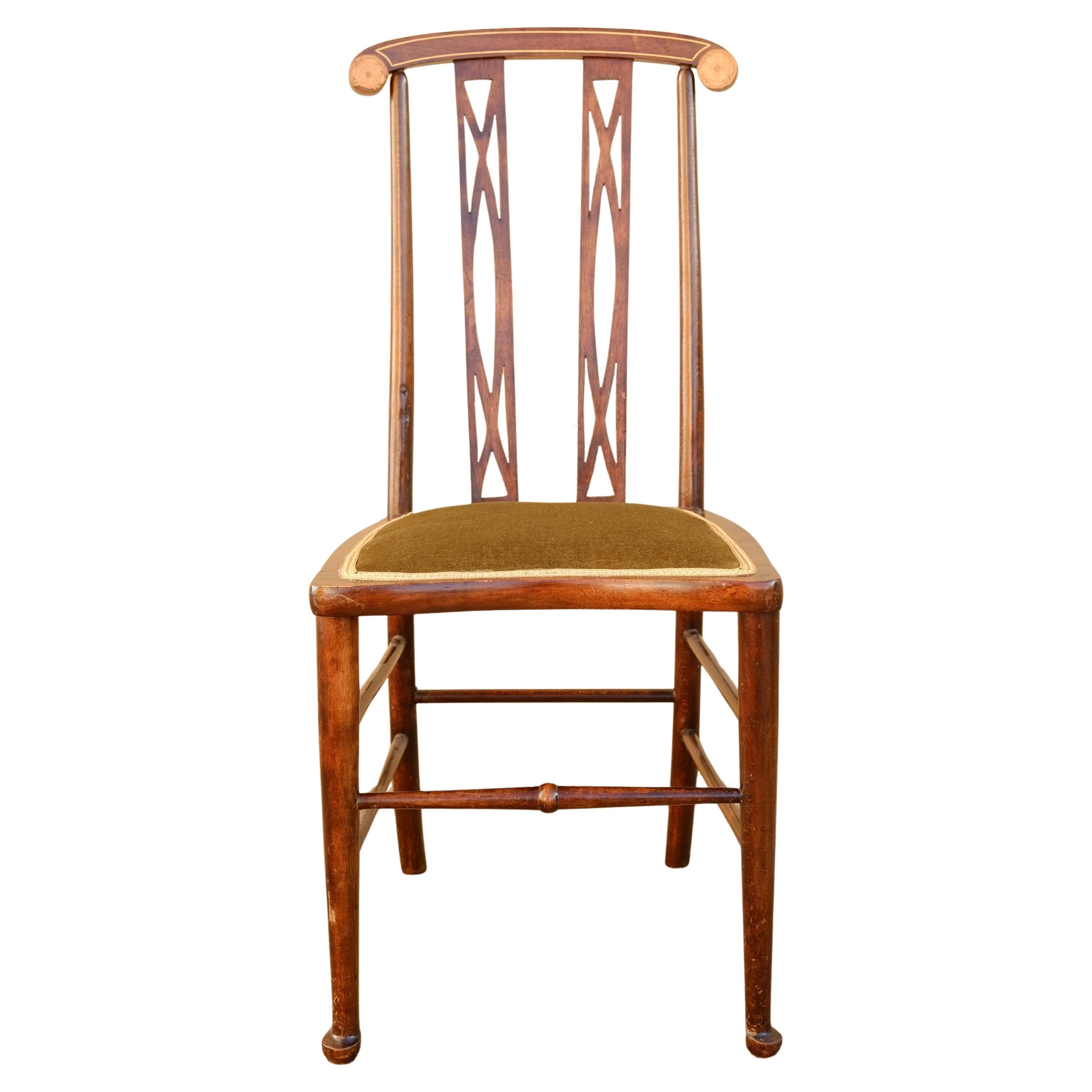 Excepcional silla auxiliar inglesa de caoba con incrustaciones Arts & Crafts Silla de dormitorio