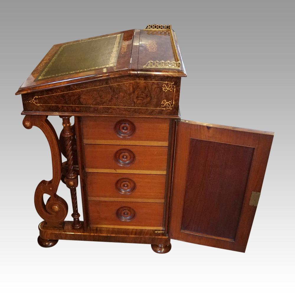 Victorian inlaid walnut davenport desk
This Victorian inlaid walnut davenport desk is probably the best you are likely to see. It is the of the best quality as well as ticking the boxes you would want when selecting a Davenport desk.
In general, a