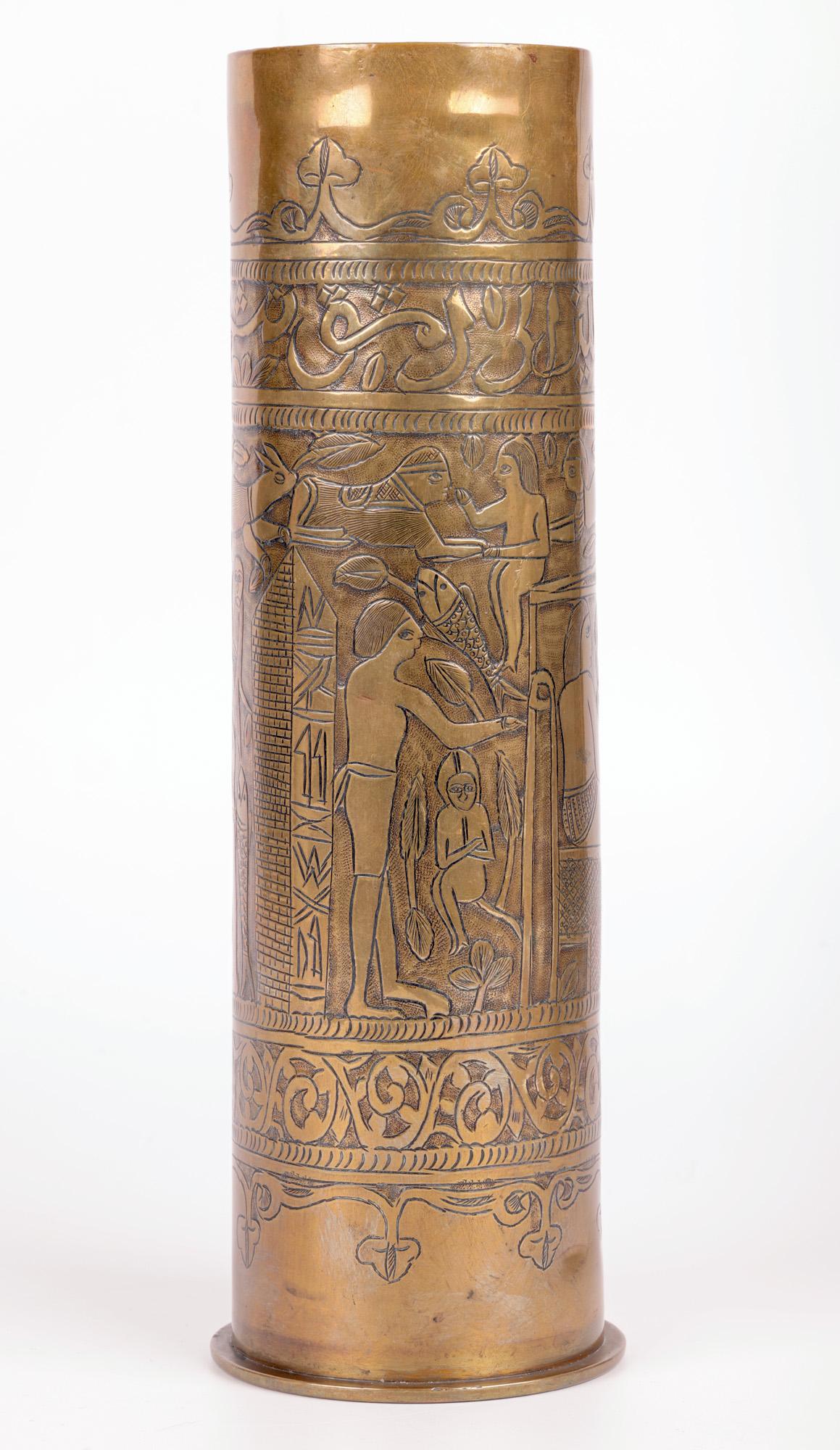 Exceptional Engraved WWI Brass Shell Case with Egyptian Scene For Sale 2