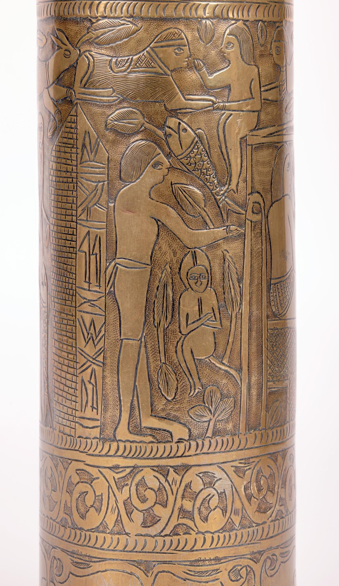 Exceptional Engraved WWI Brass Shell Case with Egyptian Scene For Sale 4