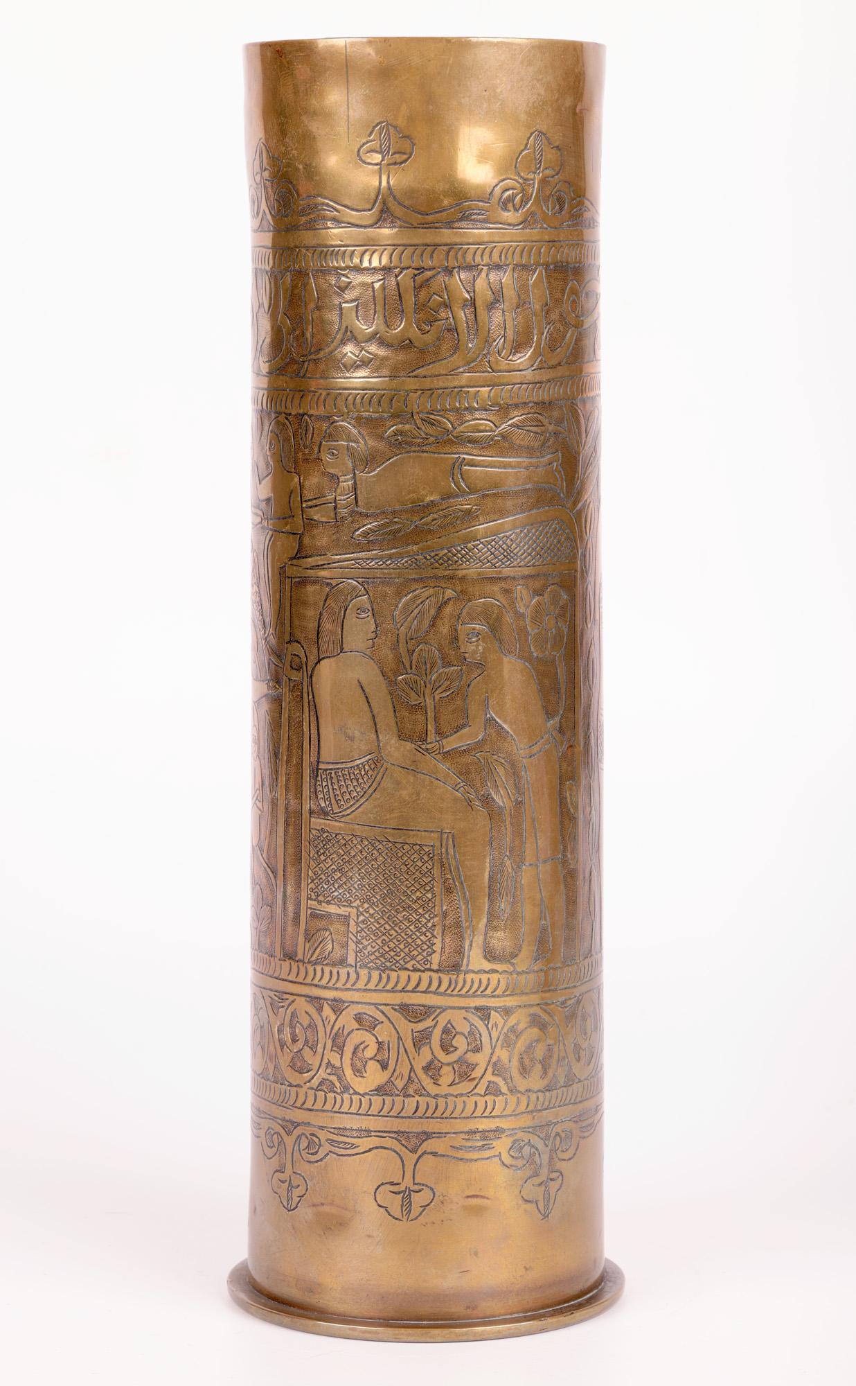 Exceptional Engraved WWI Brass Shell Case with Egyptian Scene For Sale 12