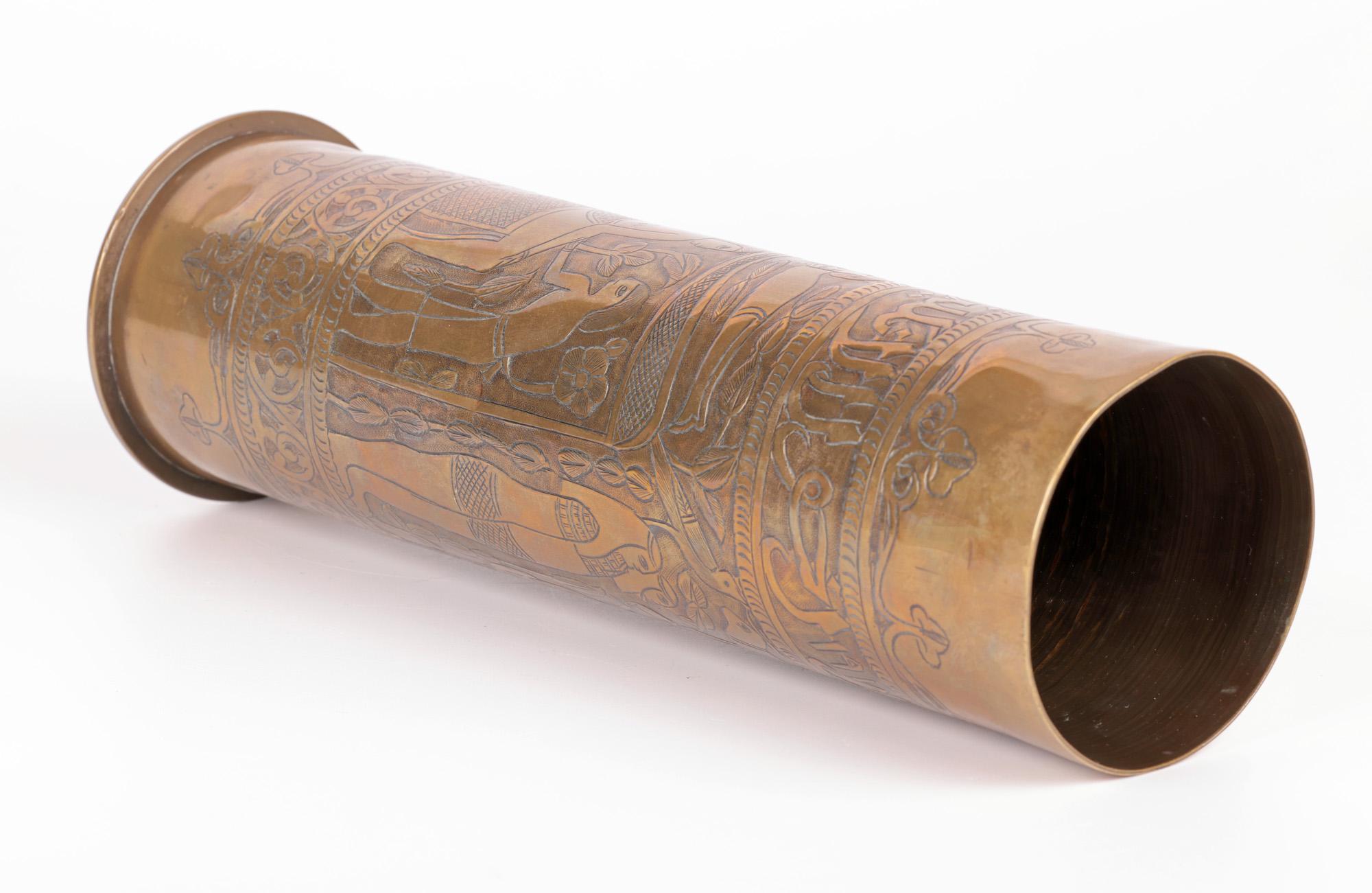 Hand-Crafted Exceptional Engraved WWI Brass Shell Case with Egyptian Scene For Sale