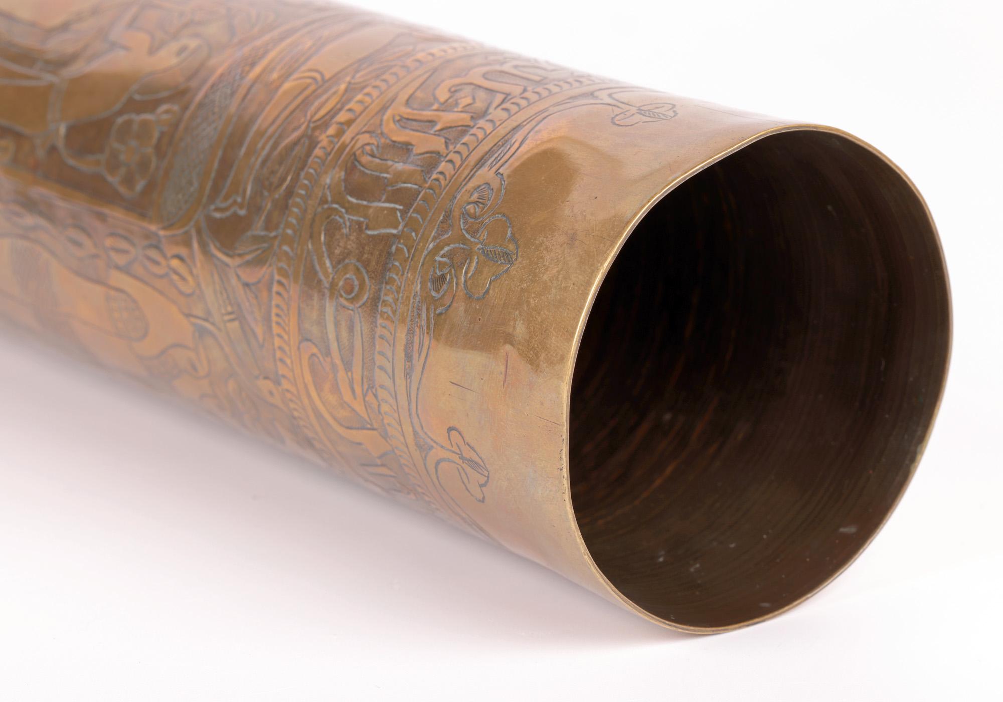 Early 20th Century Exceptional Engraved WWI Brass Shell Case with Egyptian Scene For Sale