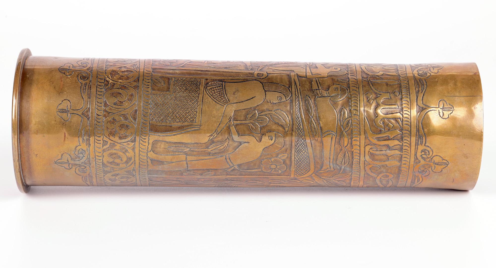 Exceptional Engraved WWI Brass Shell Case with Egyptian Scene For Sale 1