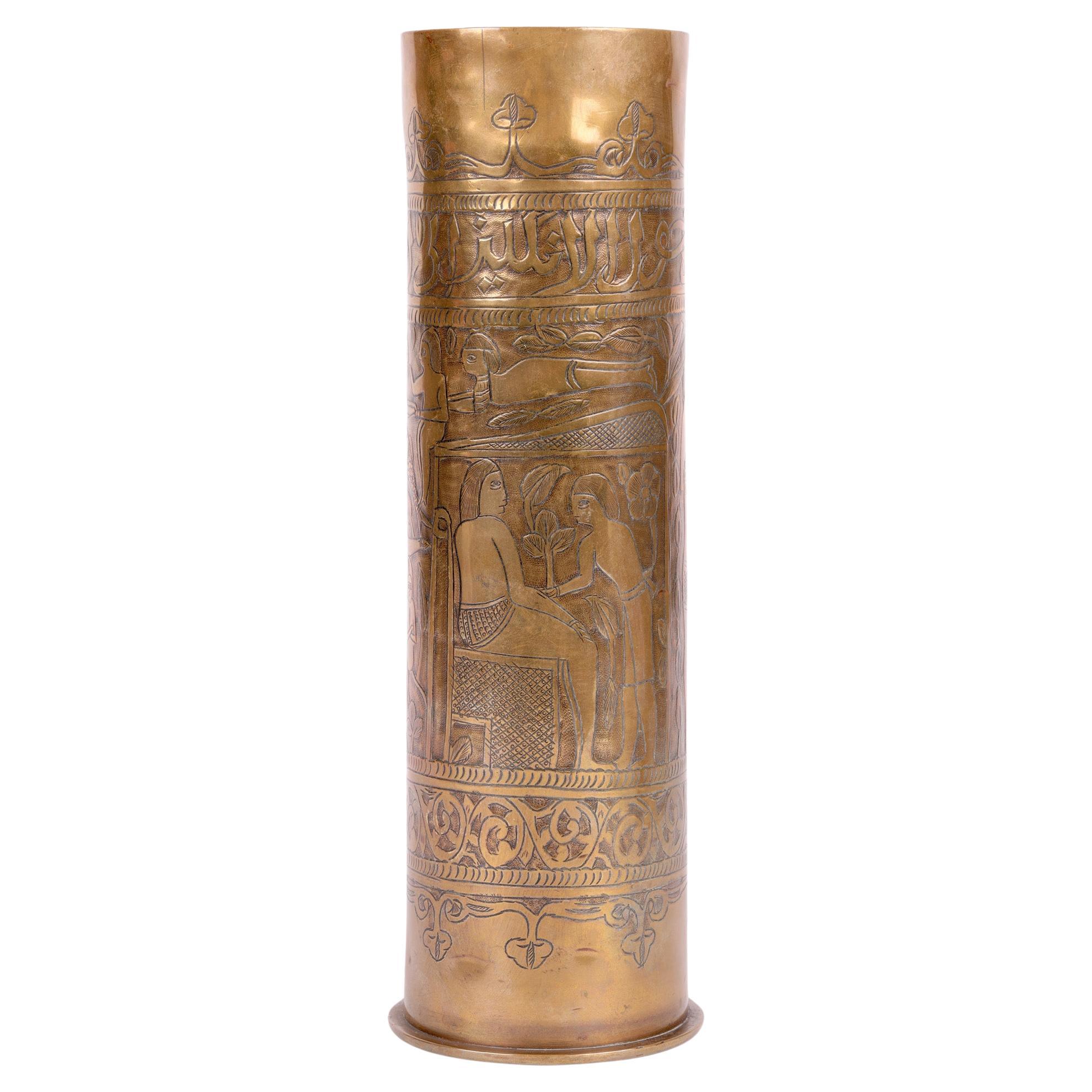Exceptional Engraved WWI Brass Shell Case with Egyptian Scene For Sale