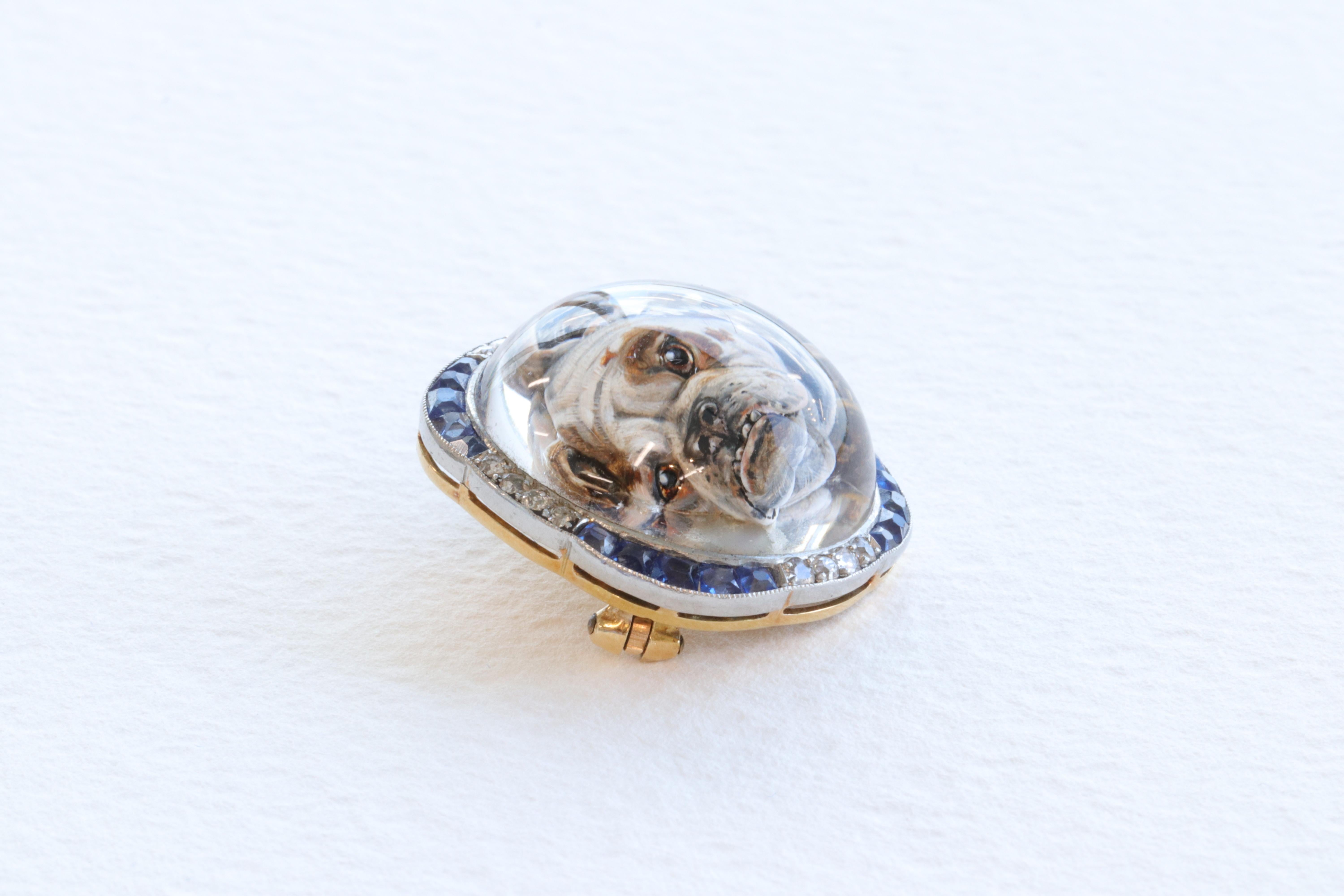 Old Mine Cut Exceptional Essex Crystal English Bulldog Brooch Set With Diamonds & Sapphires
