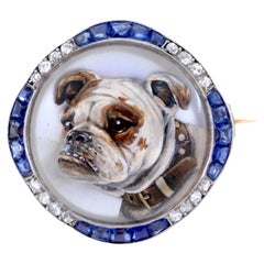 Antique Exceptional Essex Crystal English Bulldog Brooch Set With Diamonds & Sapphires