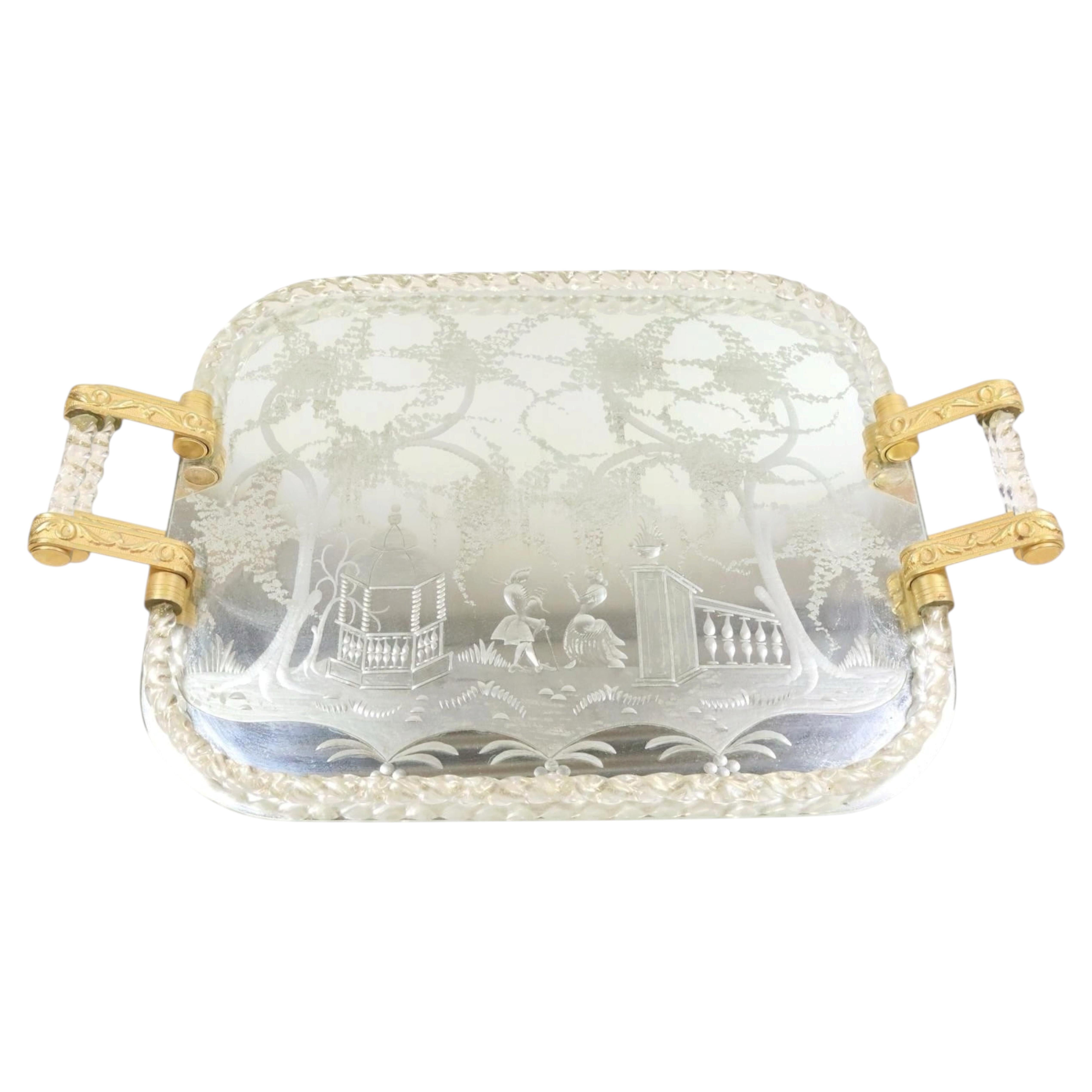 Exceptional Etched Murano Glass Mirrored Tray by Ercole Barovier, Italy, 1980s For Sale