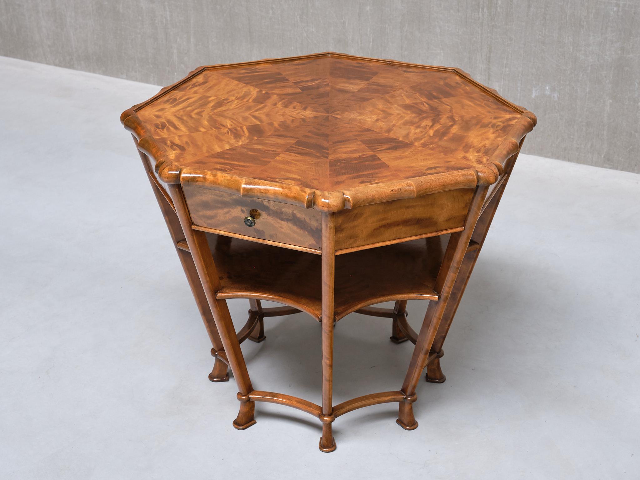 Wood Exceptional Expressionist Octagonal Center Table in Flamed Birch, Germany, 1920s For Sale