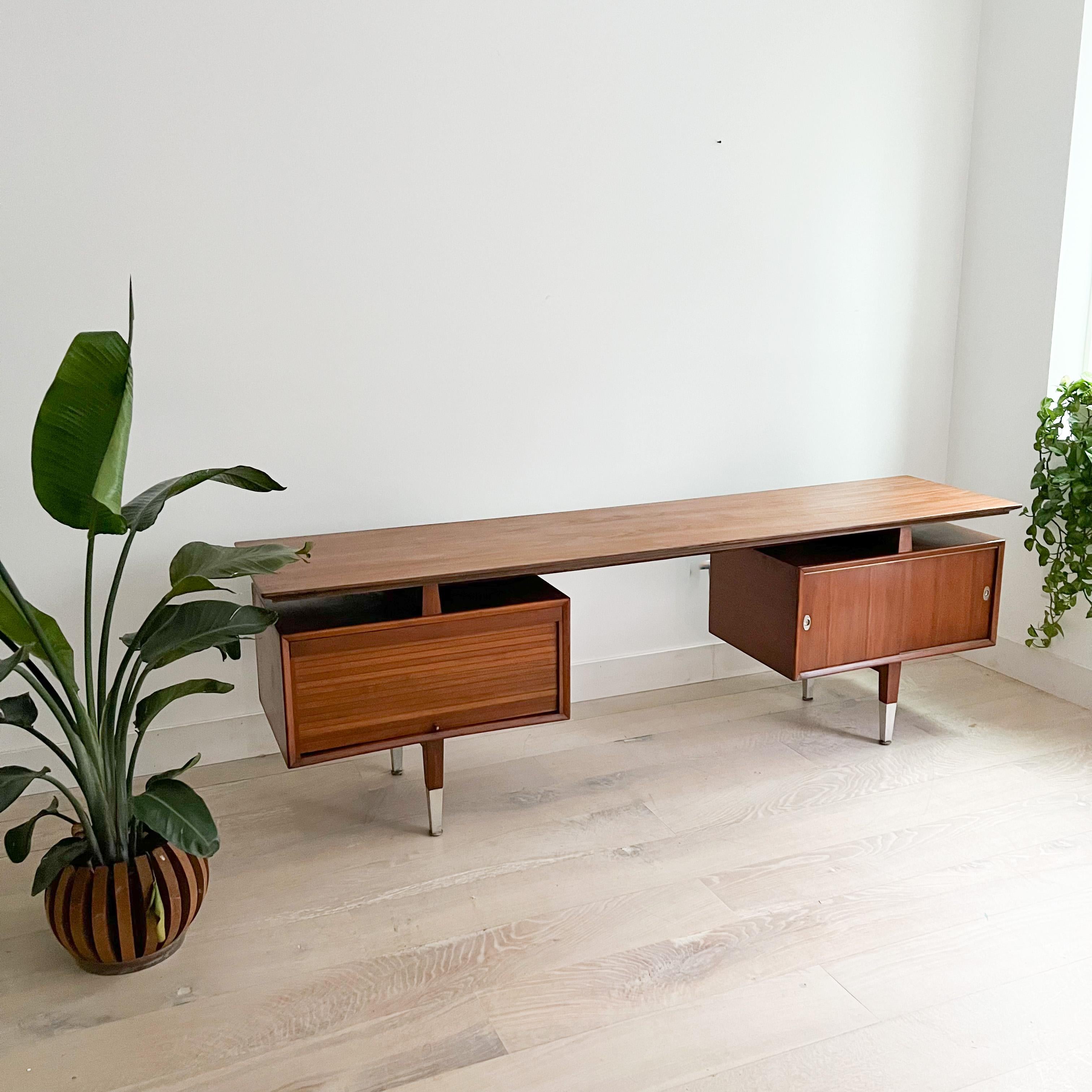 Exceptional Extra Long Mid Century Walnut Desk w/ Tambour Door In Good Condition In Asheville, NC