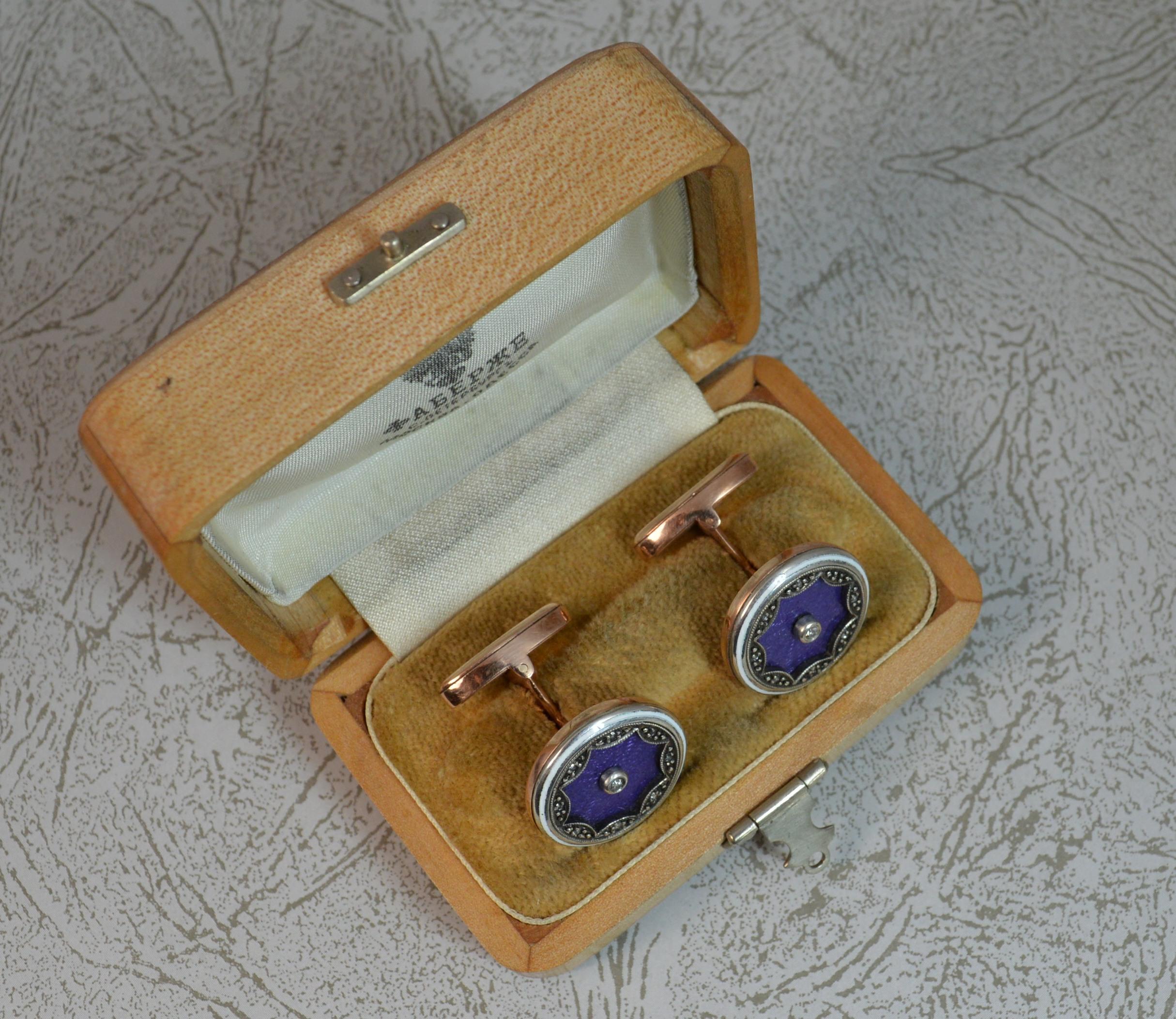 Art Deco 14 Carat Rose Gold Lilac Enamel and Diamond Cufflinks