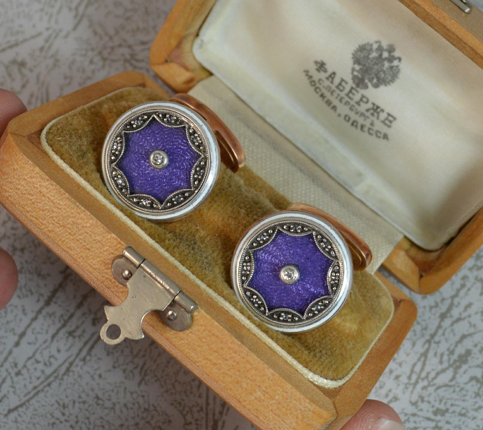 14 Carat Rose Gold Lilac Enamel and Diamond Cufflinks In Good Condition In St Helens, GB
